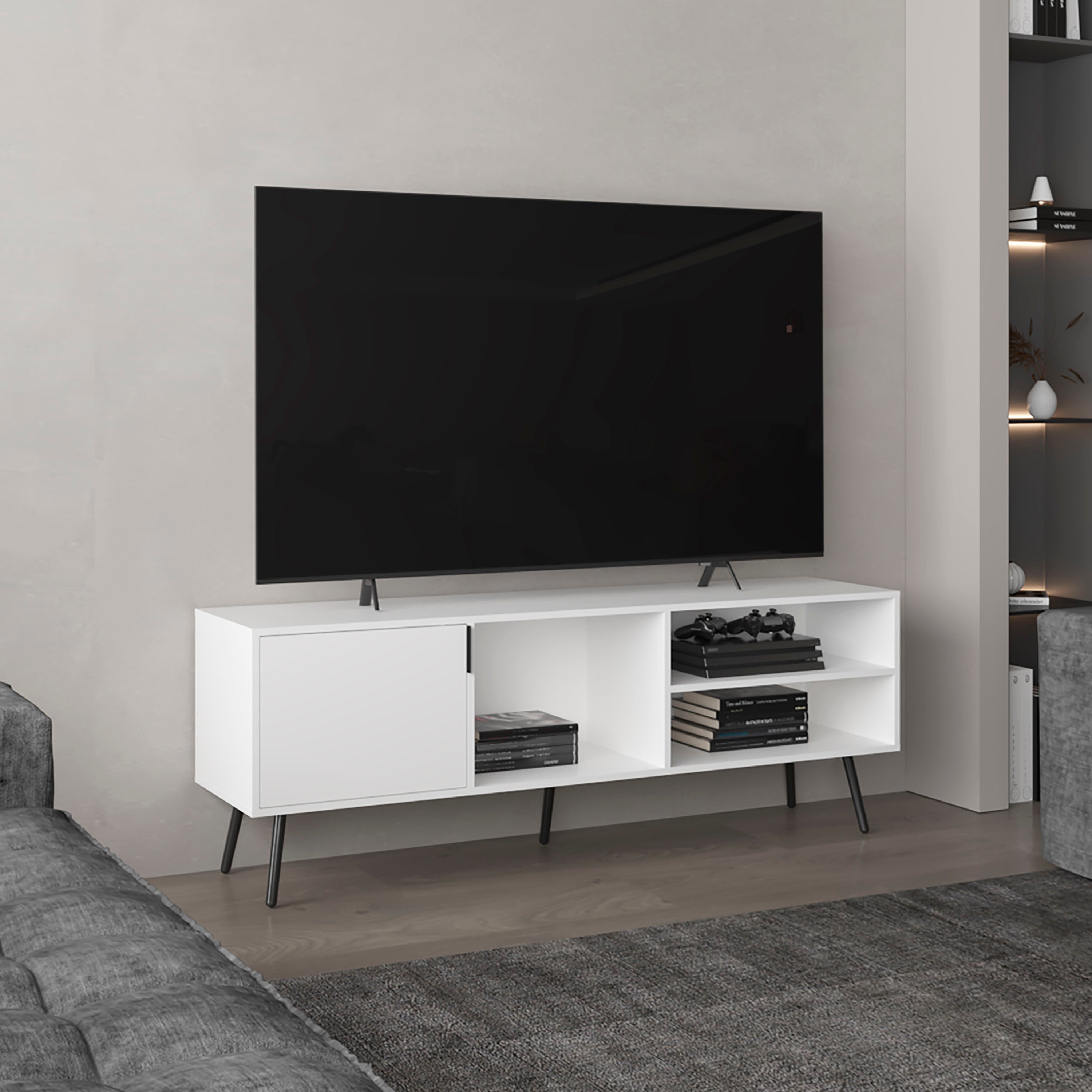 Vulcan 63" White TV Stand w/ Cabinet & Shelves