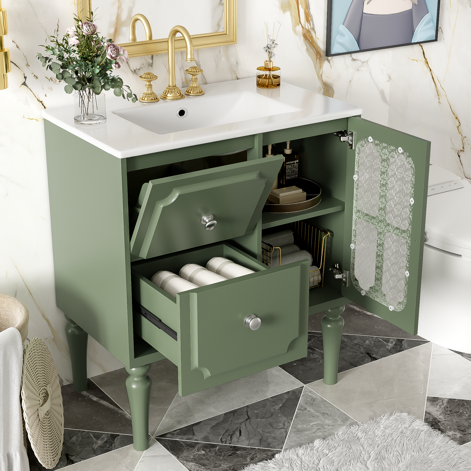 Retro Green Bathroom Vanity with Ceramic Sink