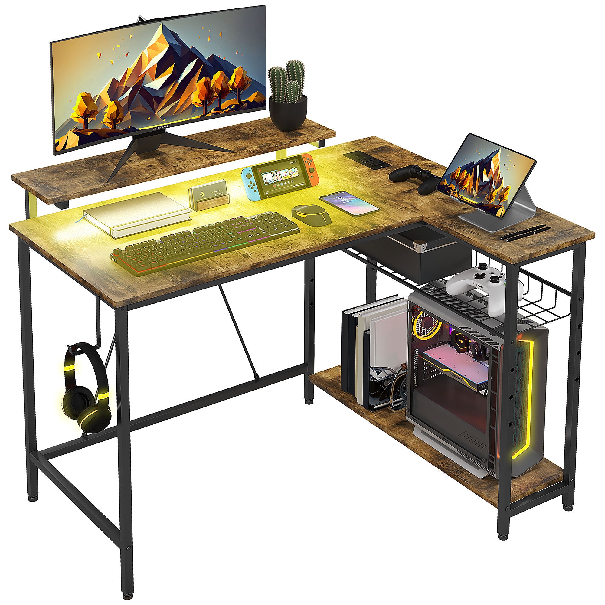 42" L-Shaped Desk w/ LED Lights & Power - Rustic Brown
