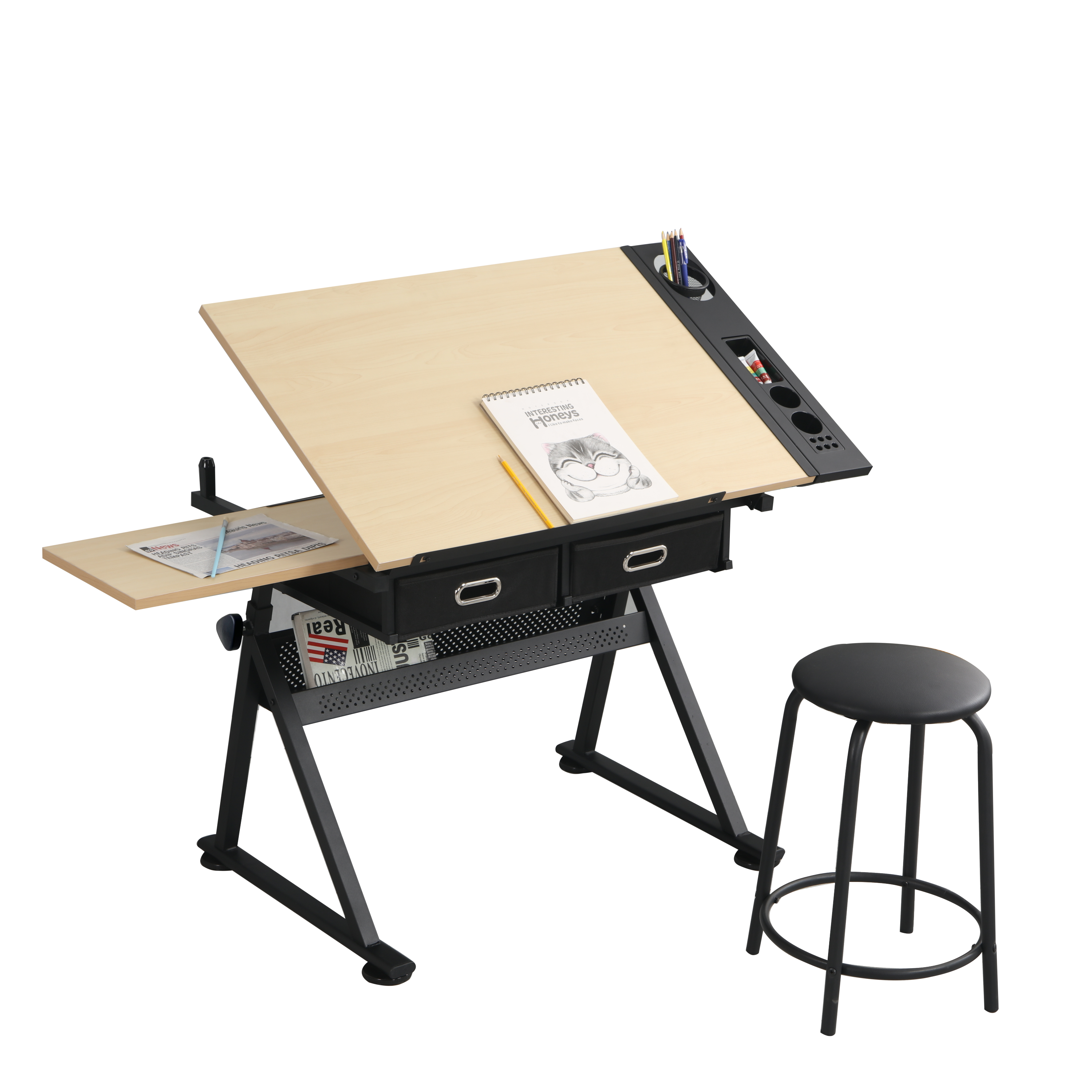 Adjustable Drawing Drafting Table Desk with 2 Drawers & Stool (Wood)