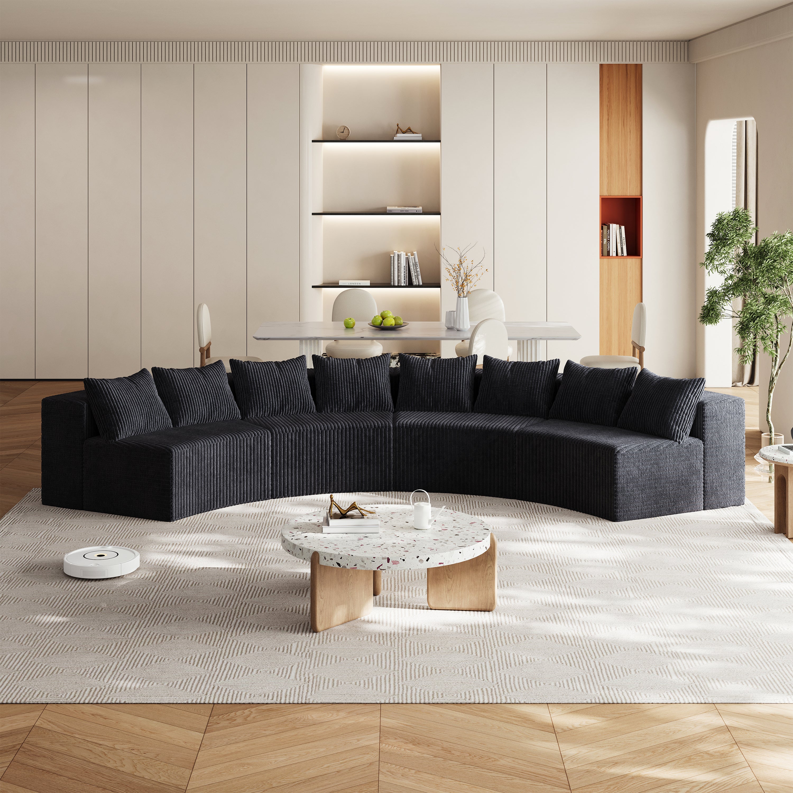 Curved Sectional Sofa: 8 Pillows, 4 Modules