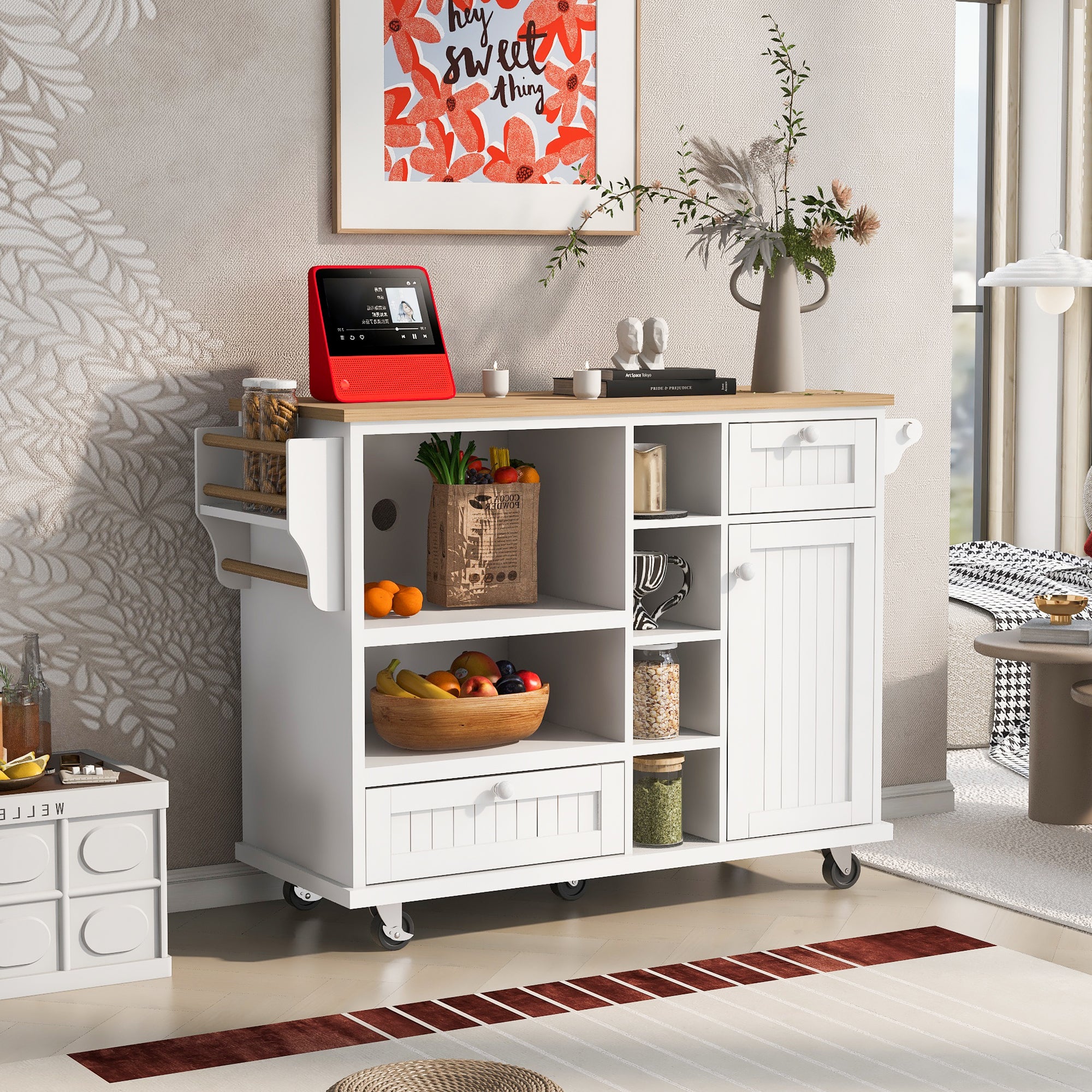 Kitchen Island Cart w/ Storage & Wheels (White)
