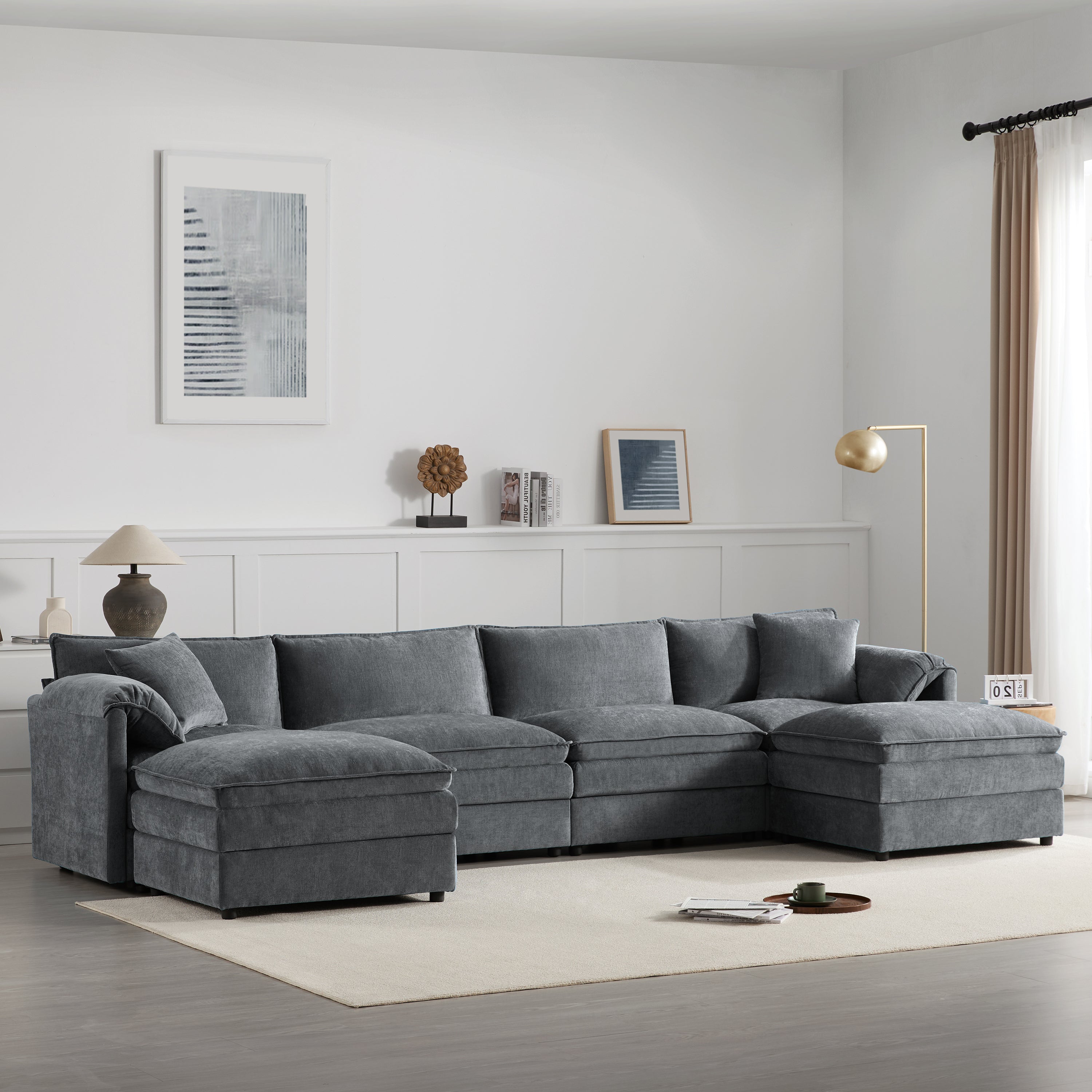 136" Chenille Modular Sectional Sofa, U-Shape Cloud Couch, 6 Seats