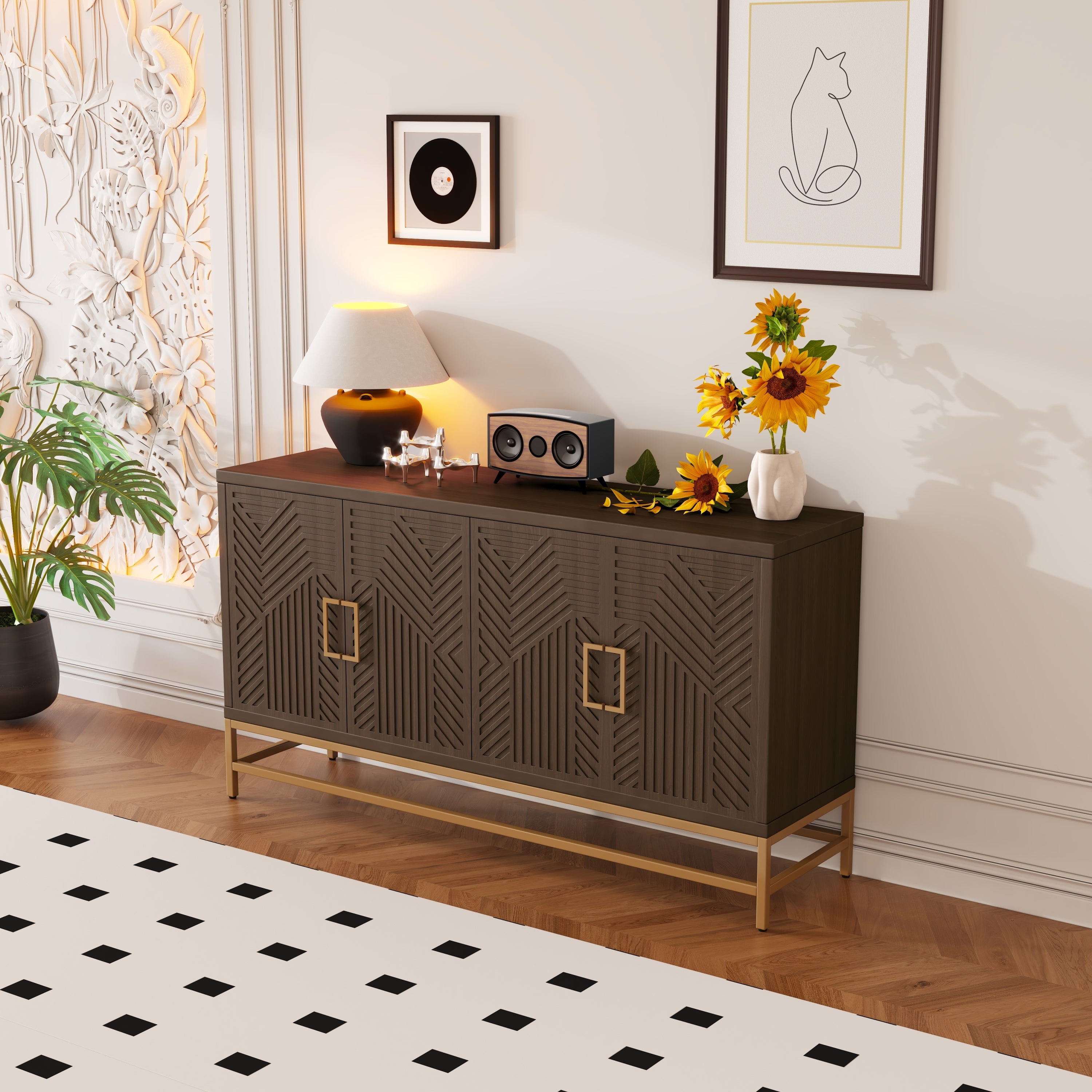 Sideboard: Espresso Buffet Cabinet with Shelves