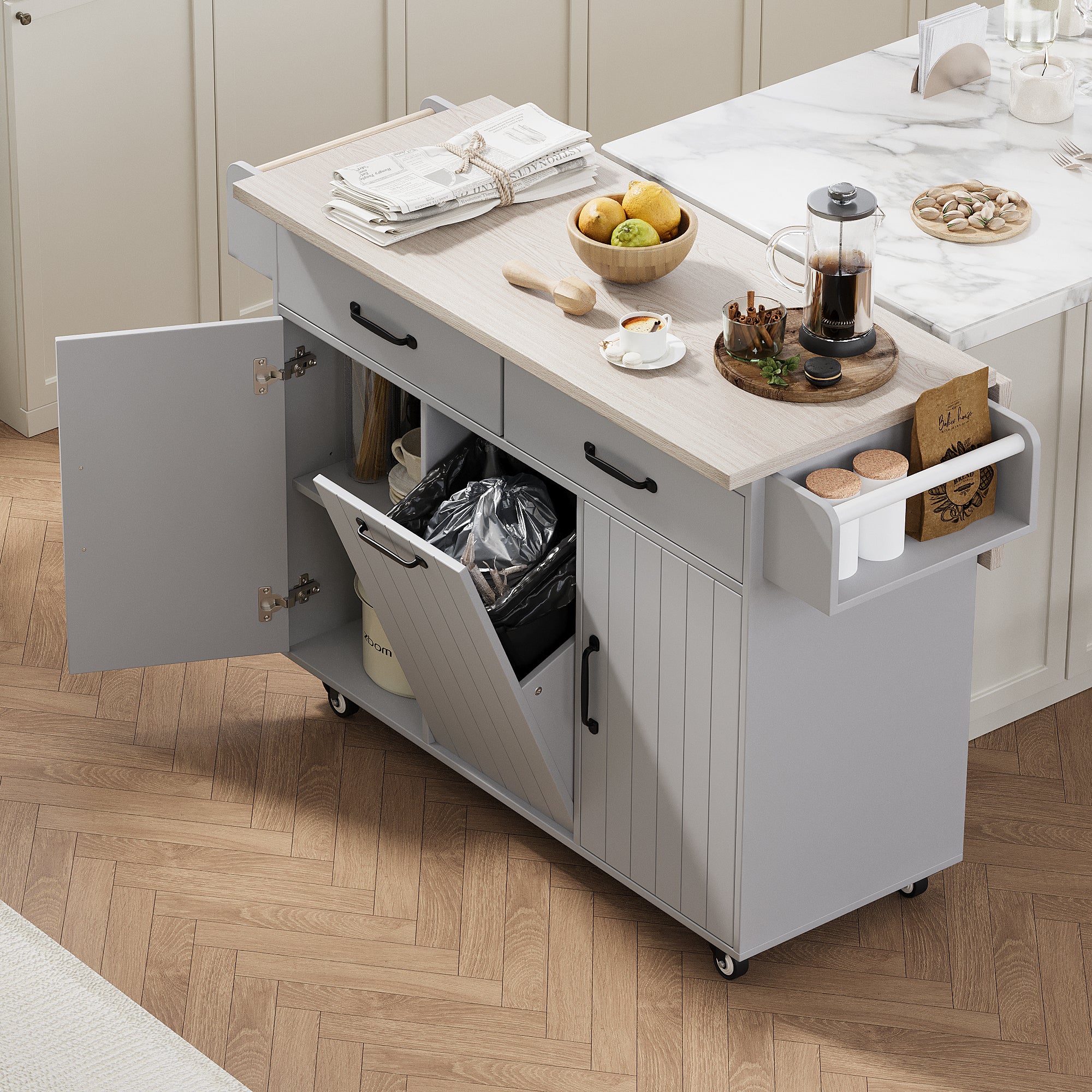 Rolling Kitchen Island Cart w/ Trash Can & Drop Leaf - Grey