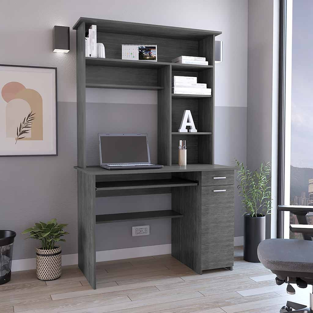 Compu Hutch Desk, Keyboard Tray, CPU Door, Shelves, Drawer - Smokey Oak