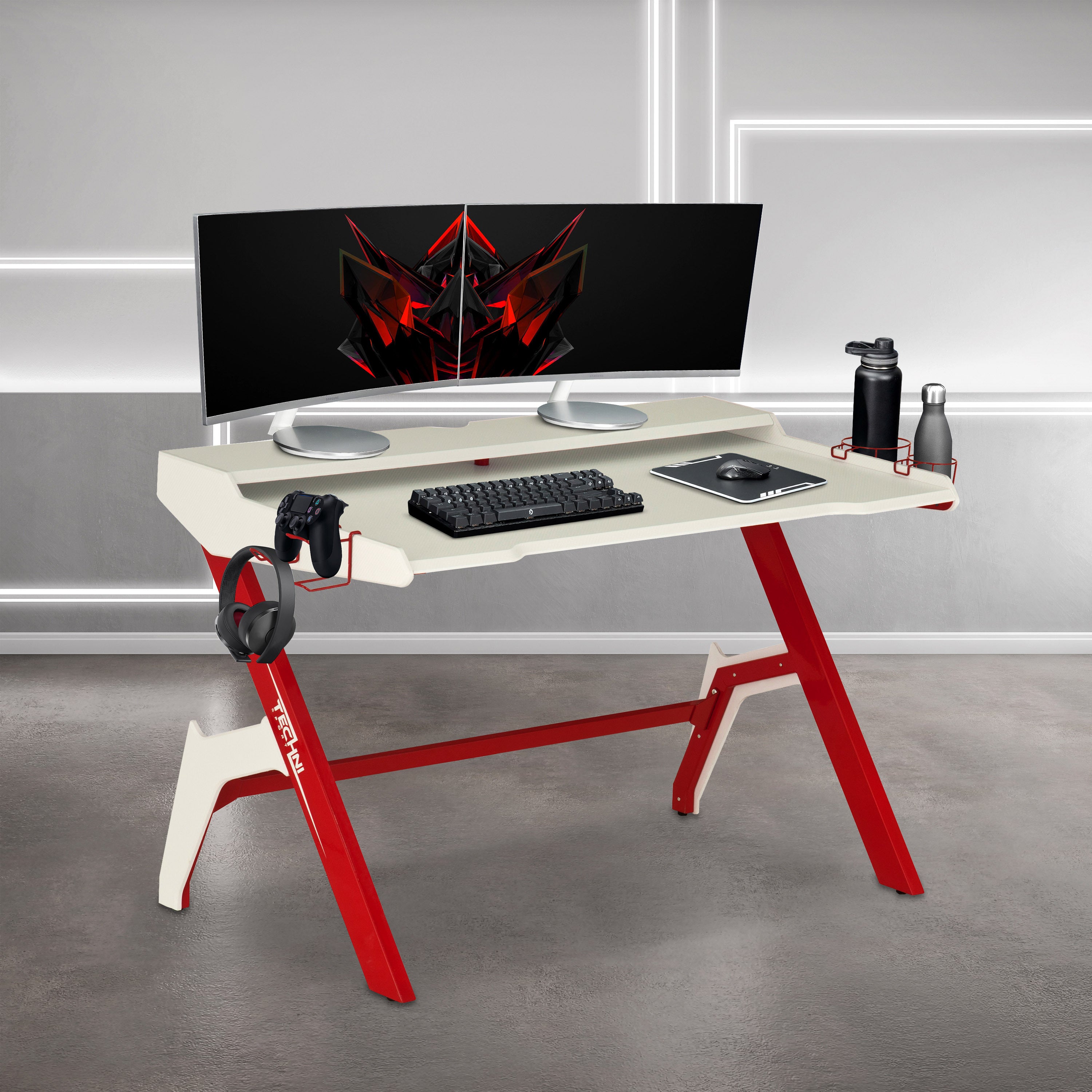 Ergonomic Gaming Desk w/ Cup Holder & Headphone Hook - Red