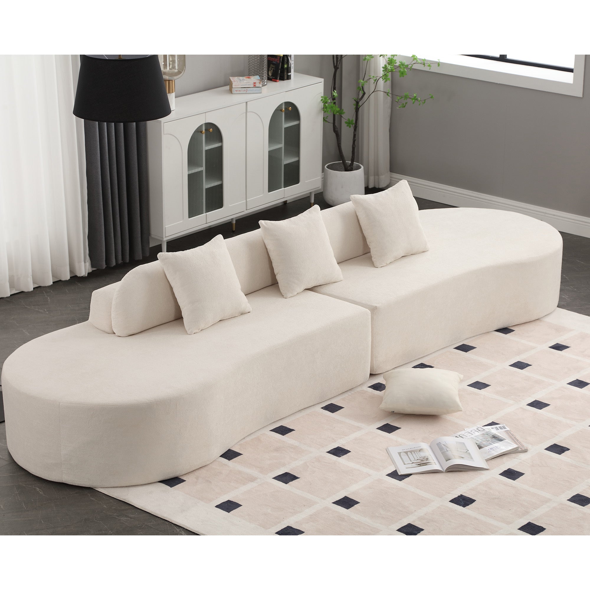 Modern Curved Sofa: Beige Terrycloth, No Assembly