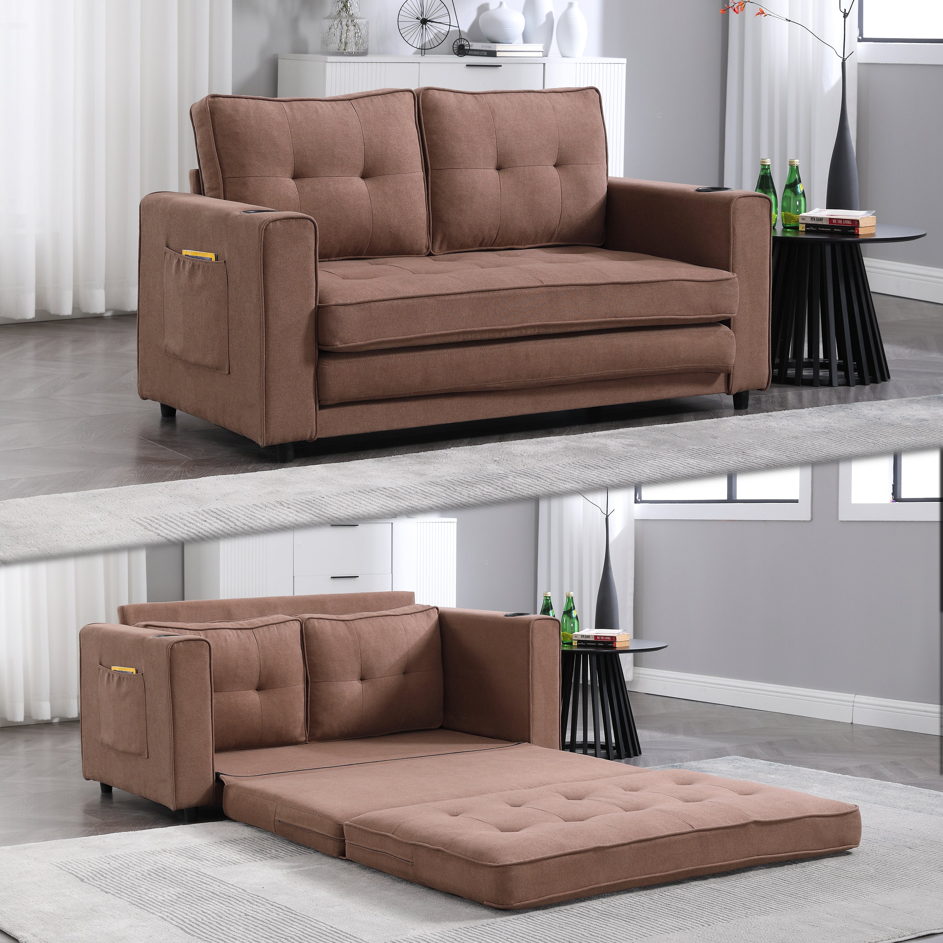 3-in-1 Upholstered Futon Sofa Bed with Side Pockets