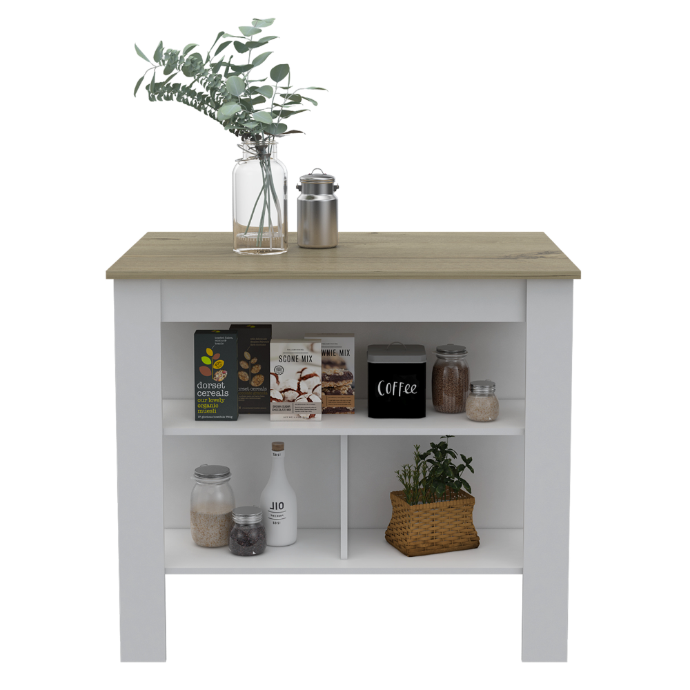 White Kitchen Island Table w/ Storage Shelves - 35"H