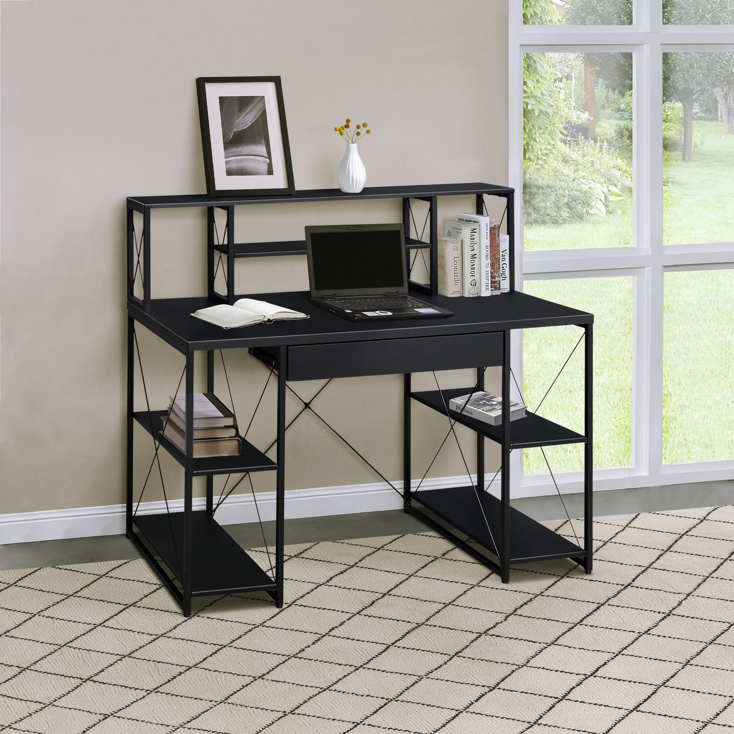 Black Office Desk with Hutch | Modern Executive Desk