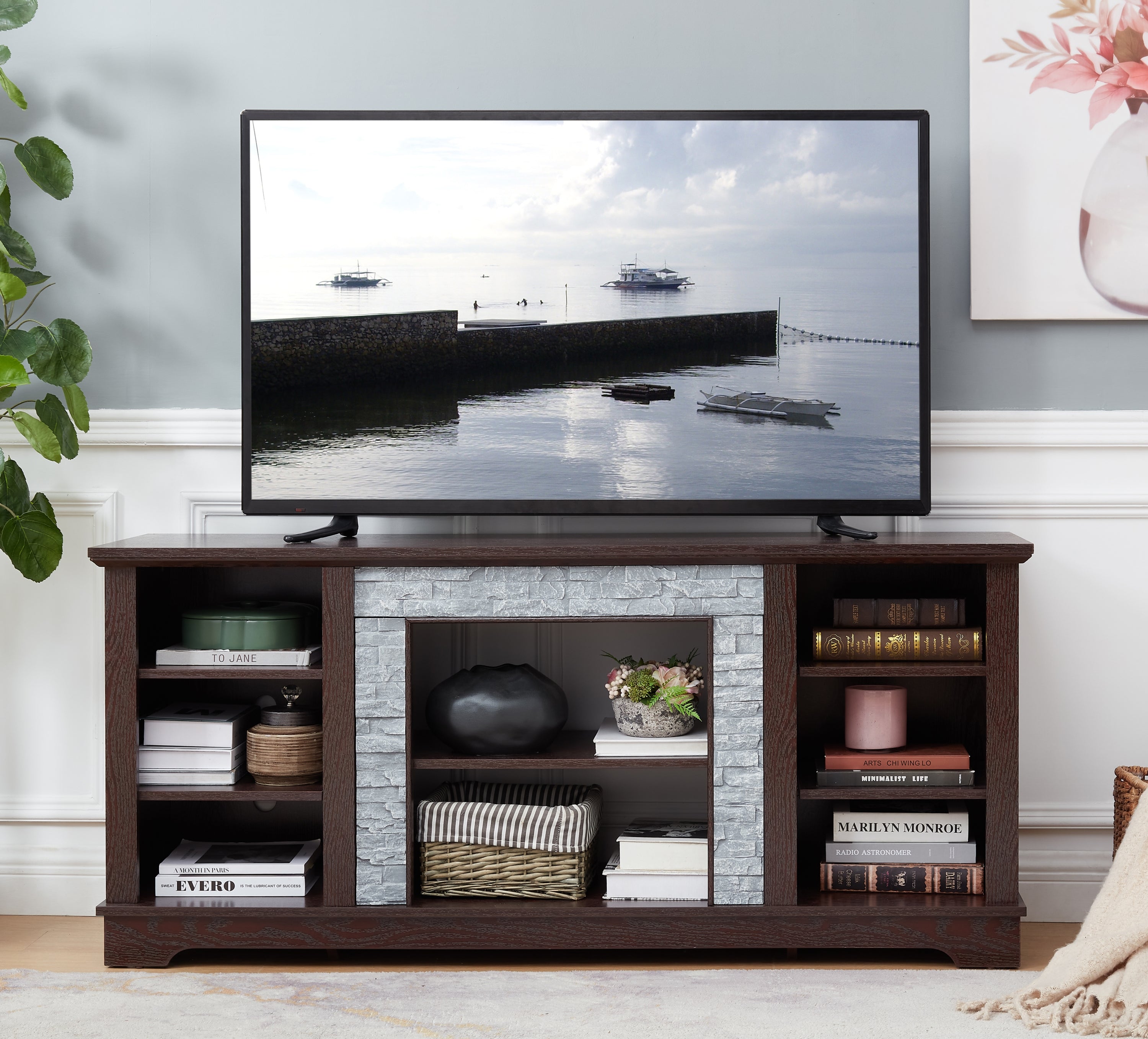 Cherry TV Stand w/ Faux Stone, 58" Modern Entertainment Center