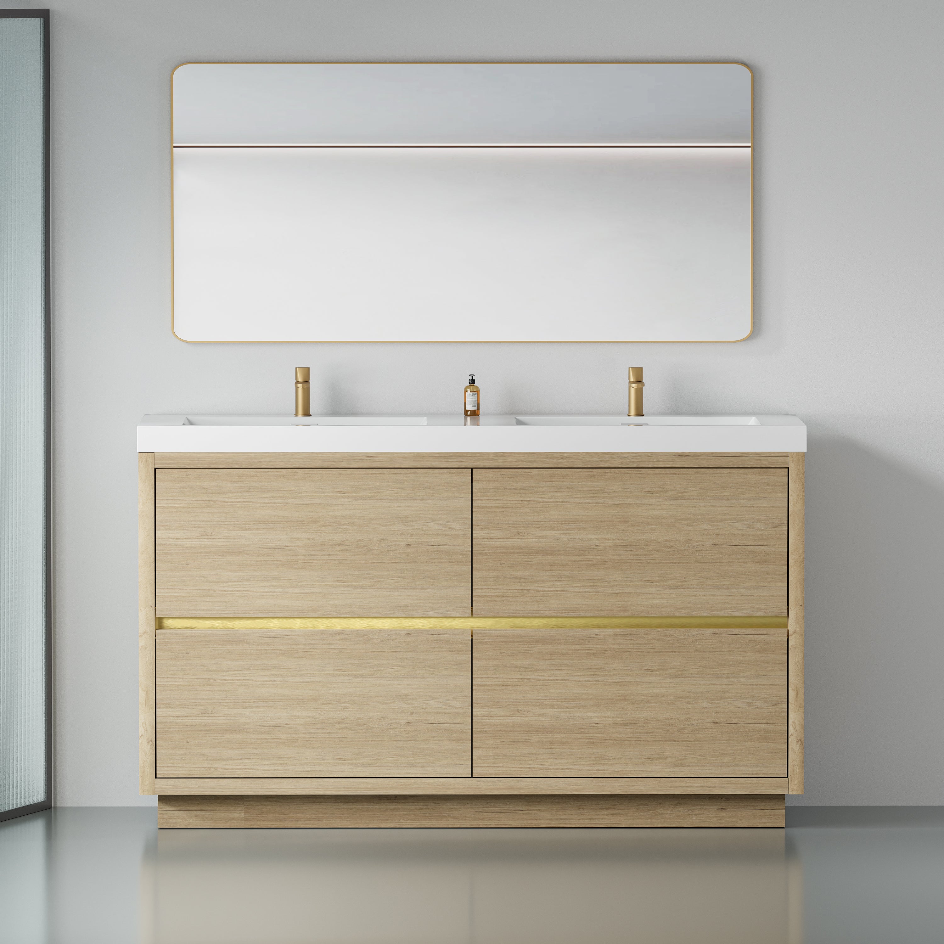 60" Double Vanity: Oak, Stone Top, Soft Close