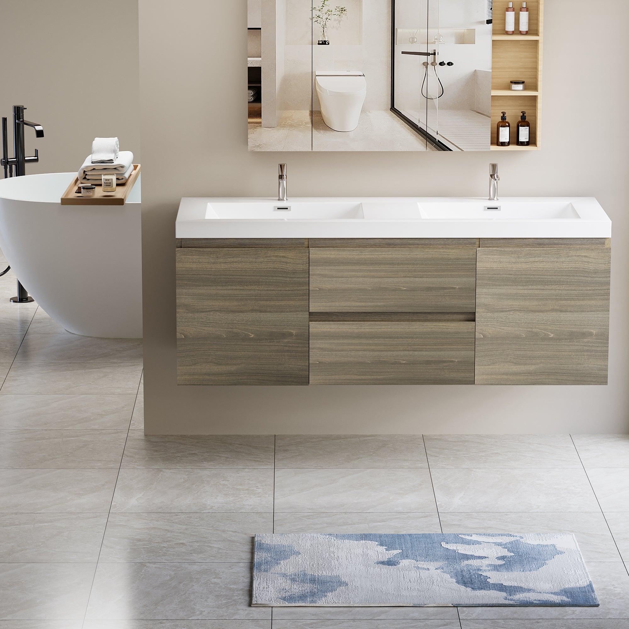 60" Floating Vanity: Modern Double Sink Bathroom Cabinet
