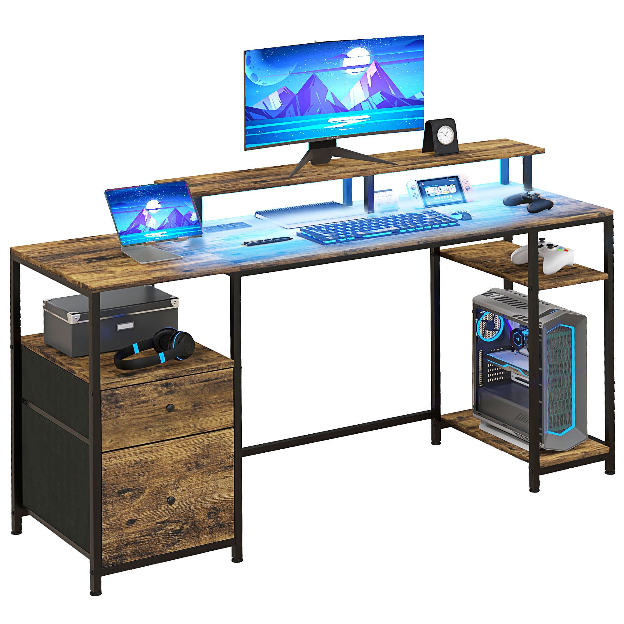61" Gaming Desk w/ LED Lights, Power Outlets & Storage - Brown