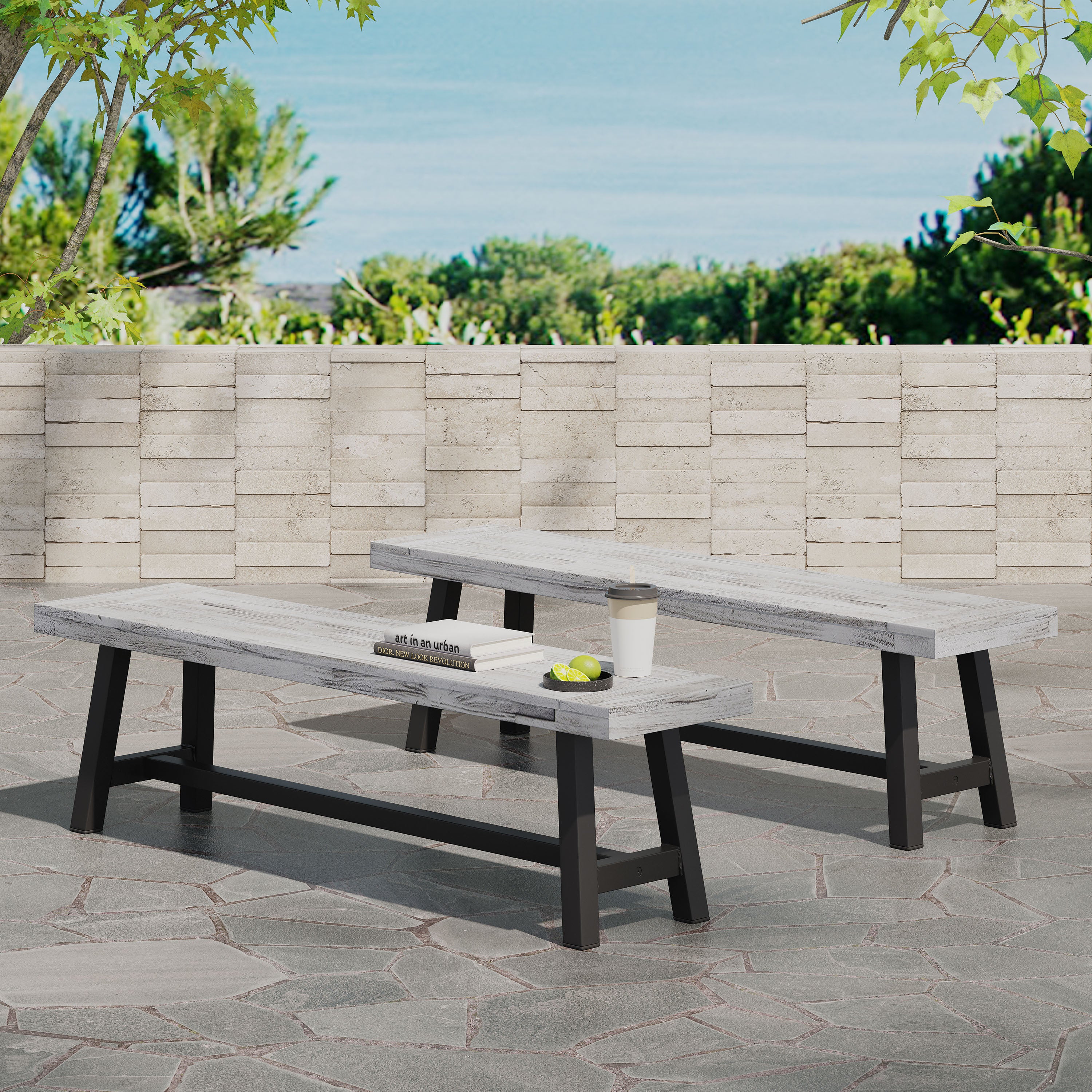 Carlisle Outdoor Benches (Set of 2) - Sandblasted Gray/Black