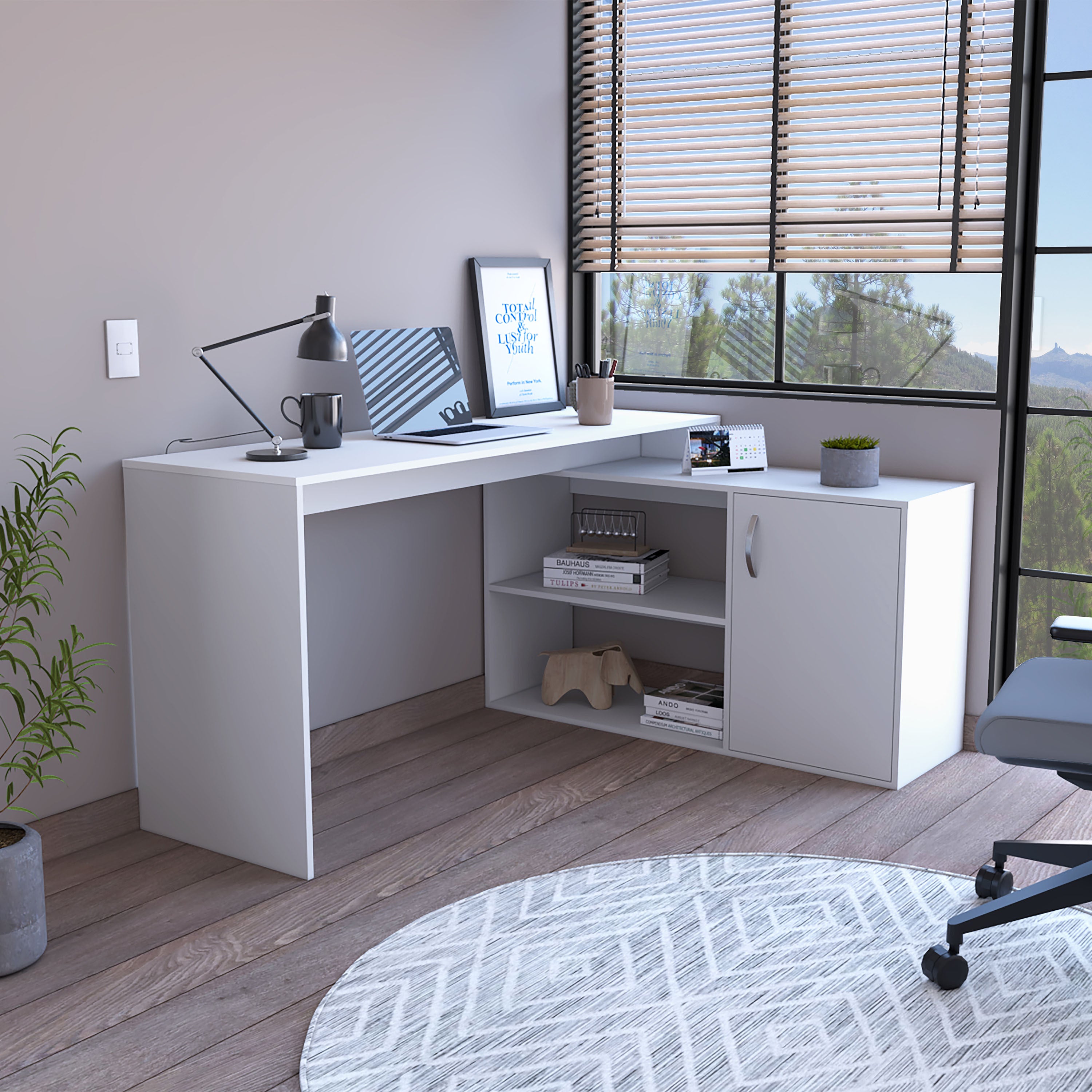 White L-Shaped Desk with Cabinet & Shelves