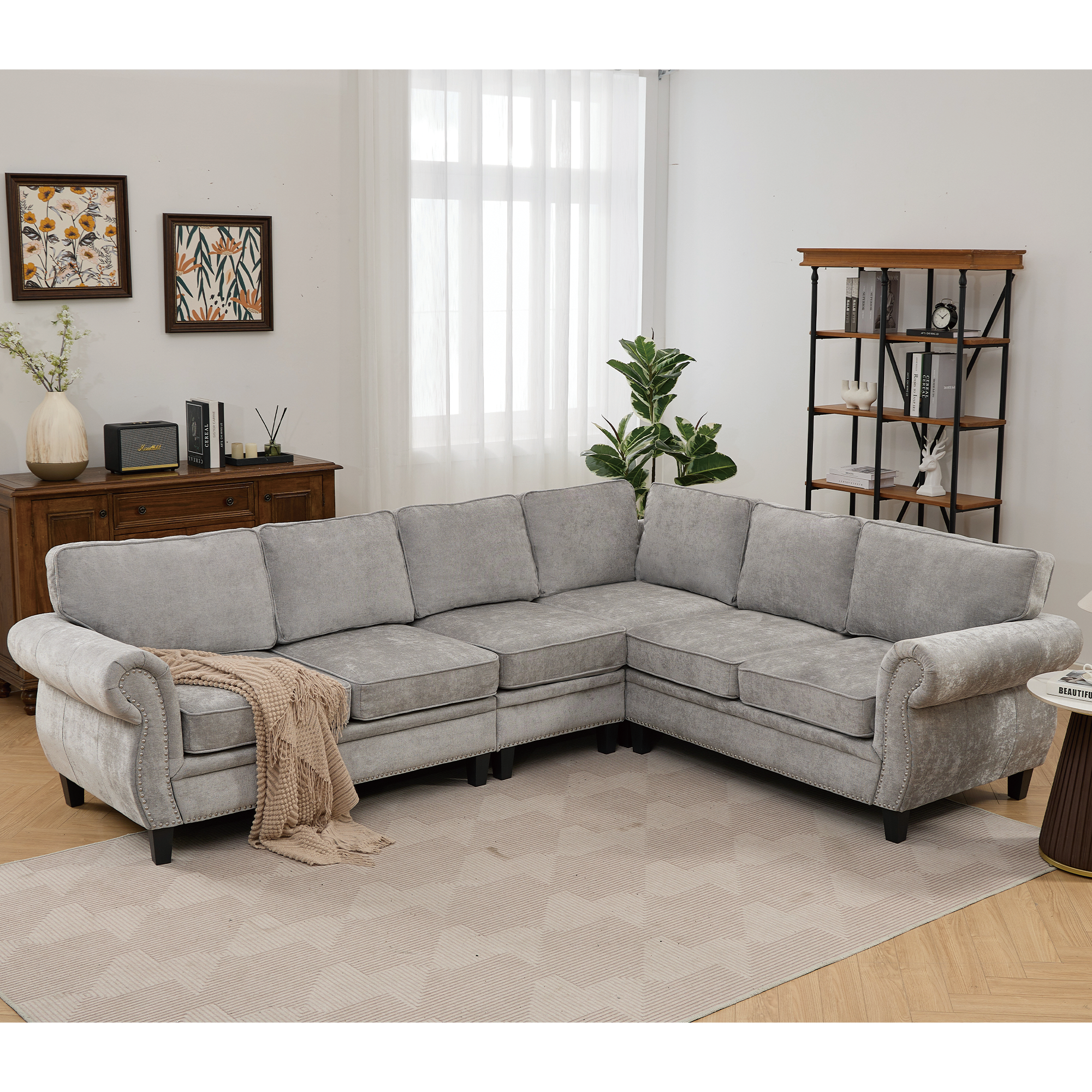 109.5" Modular Sectional Sofa: Light Gray Chenille