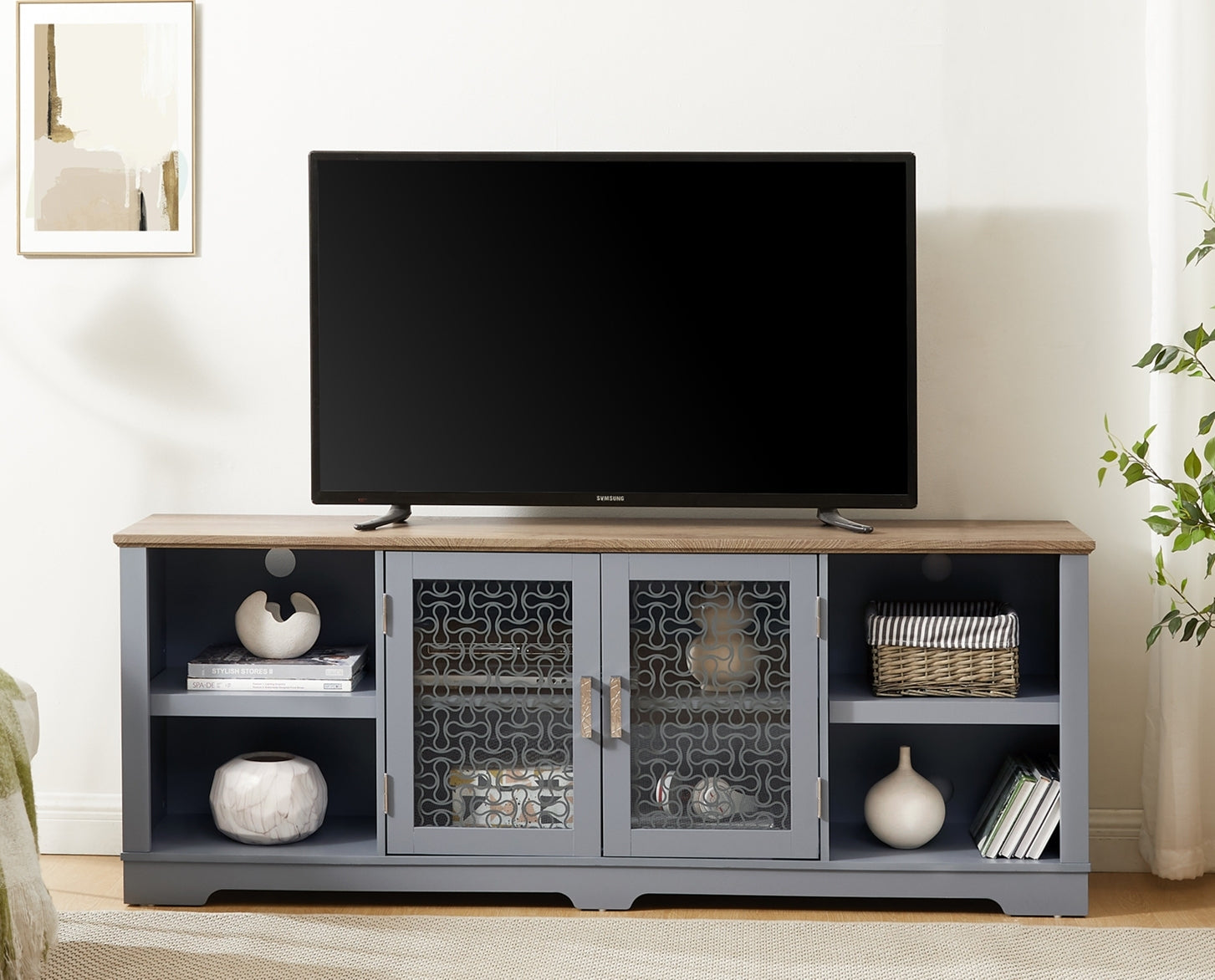 Modern Farmhouse TV Stand, 80" Console, Light Blue & Oak