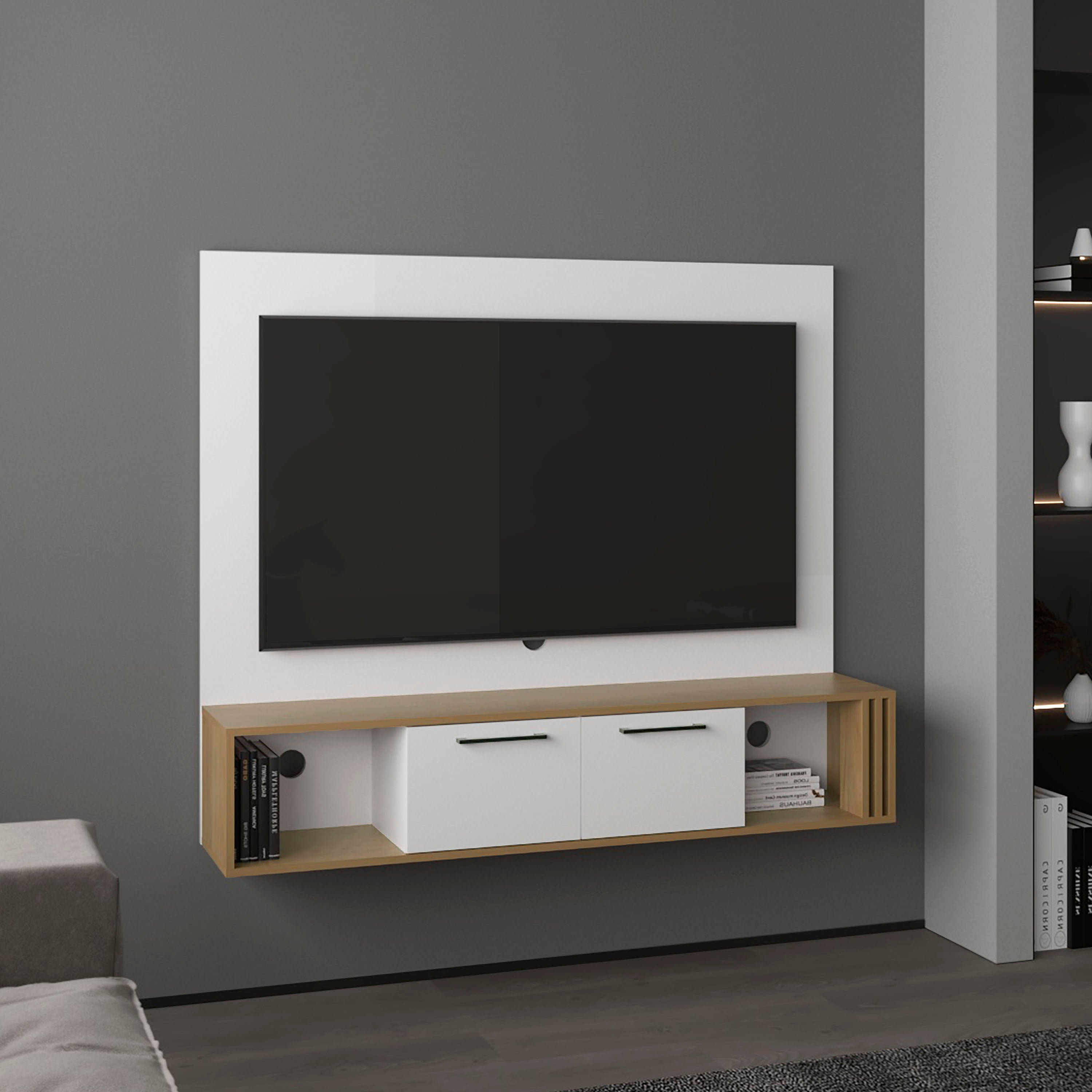 Vance 56" Floating Entertainment Center, Natural Oak & White