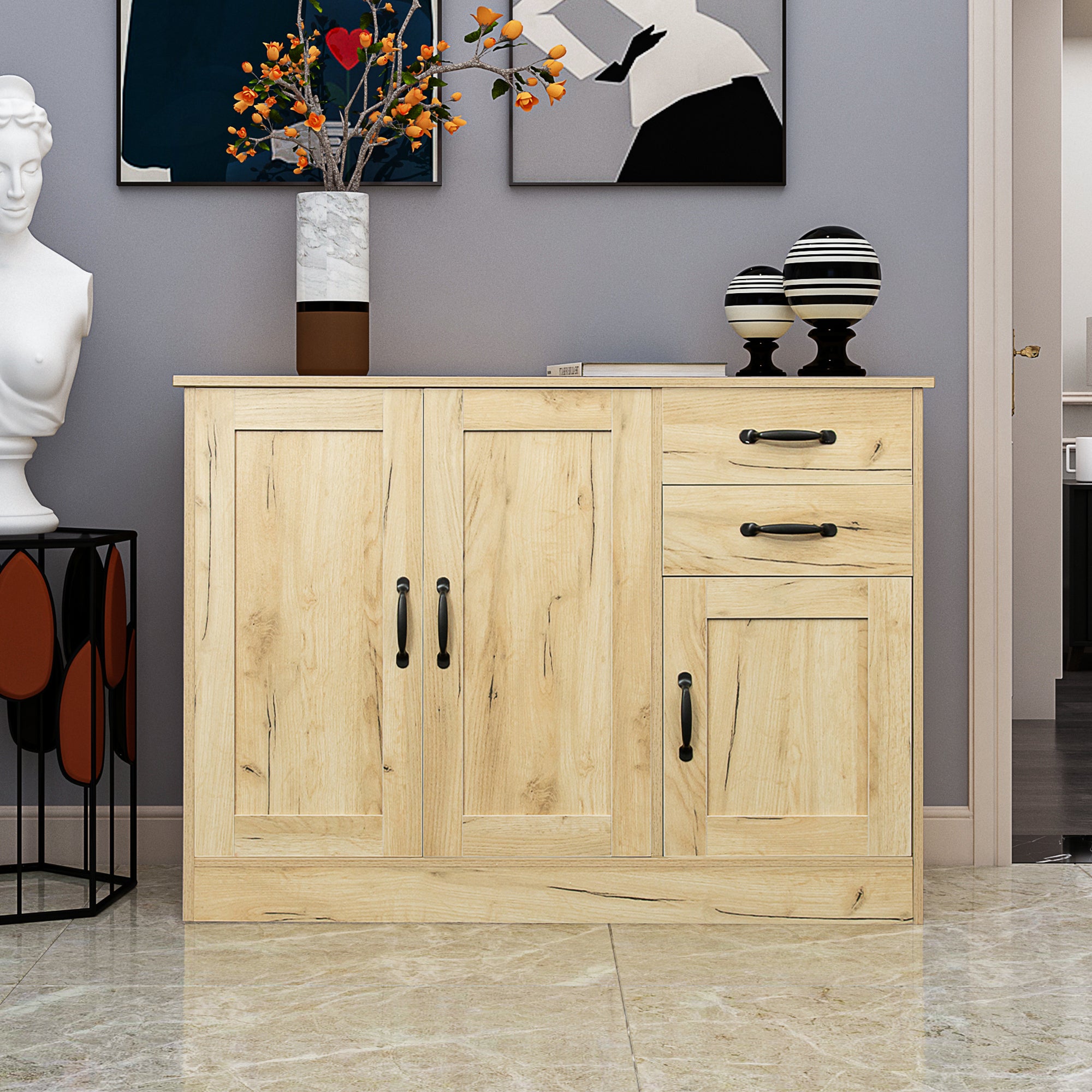 Modern Oak Buffet Sideboard: 43.3" Storage Cabinet