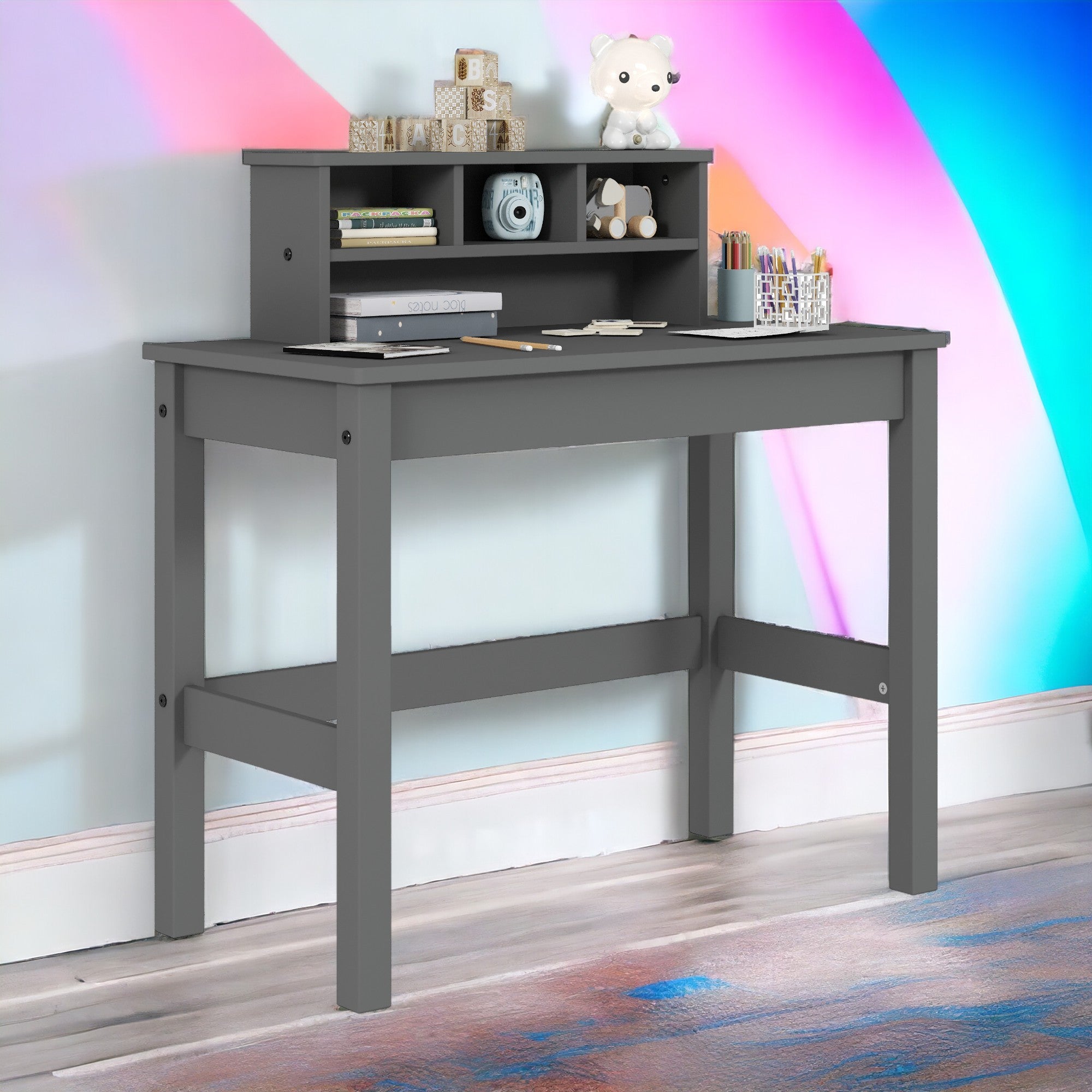 Grey Writing Desk with Hutch | Modern Home Office Desk