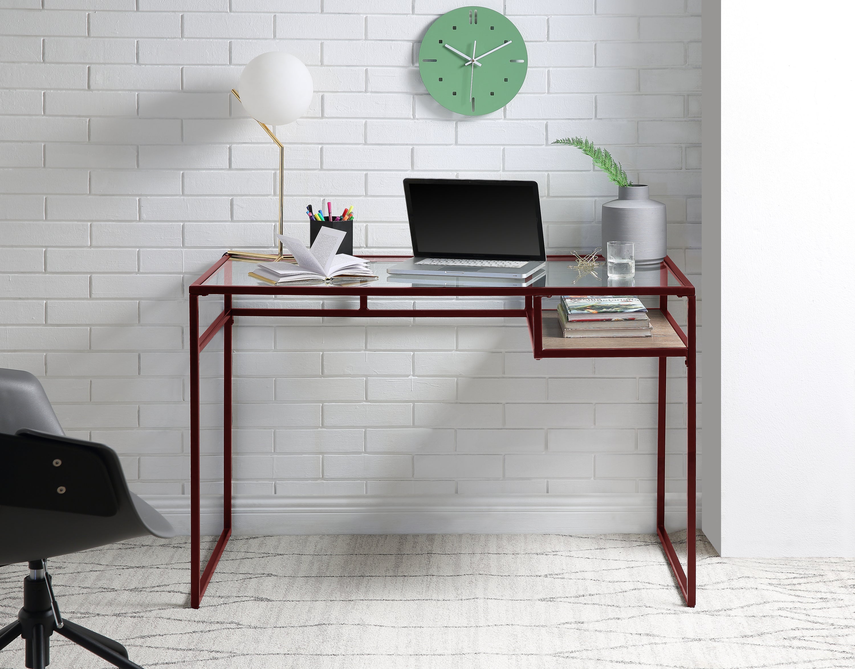 Yasin Glass Top Red Writing Desk | Modern Home Office Desk
