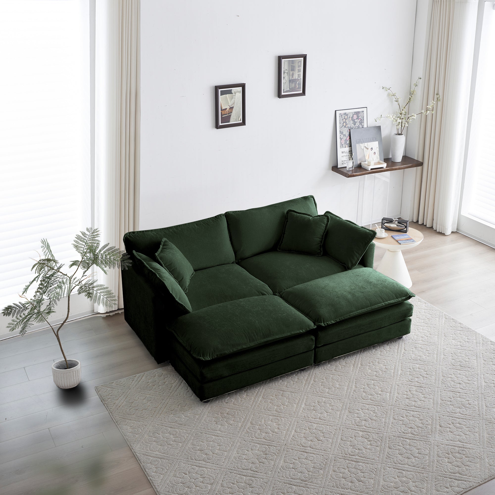 Green Chenille Sectional Sofa with Ottomans