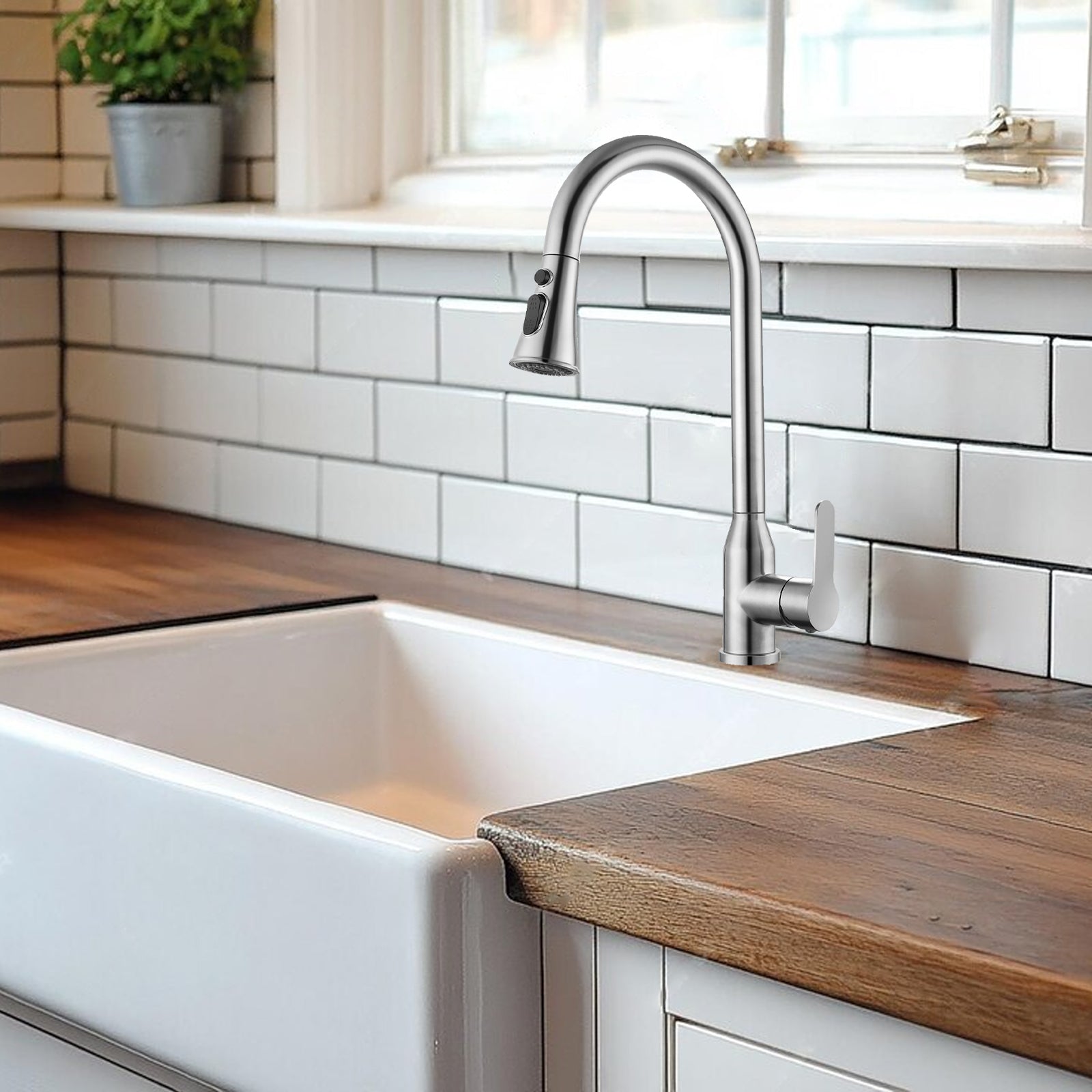 Brushed Nickel Kitchen Faucet with Pull-Down Sprayer