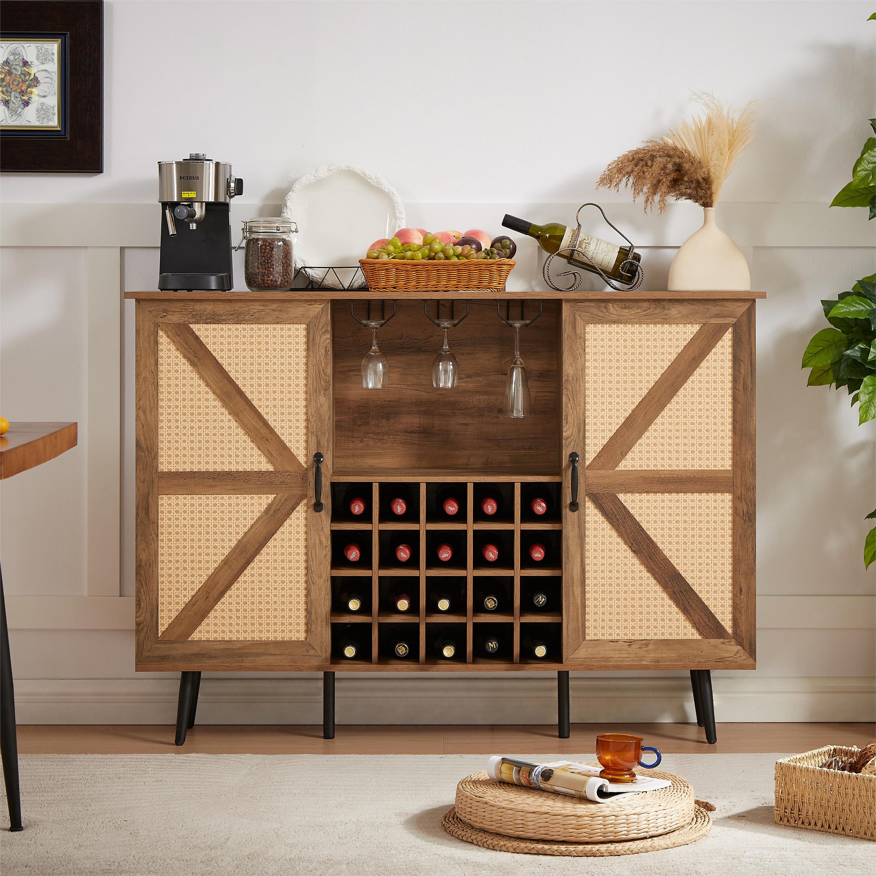 Rustic Oak Faux Rattan Wine Cabinet