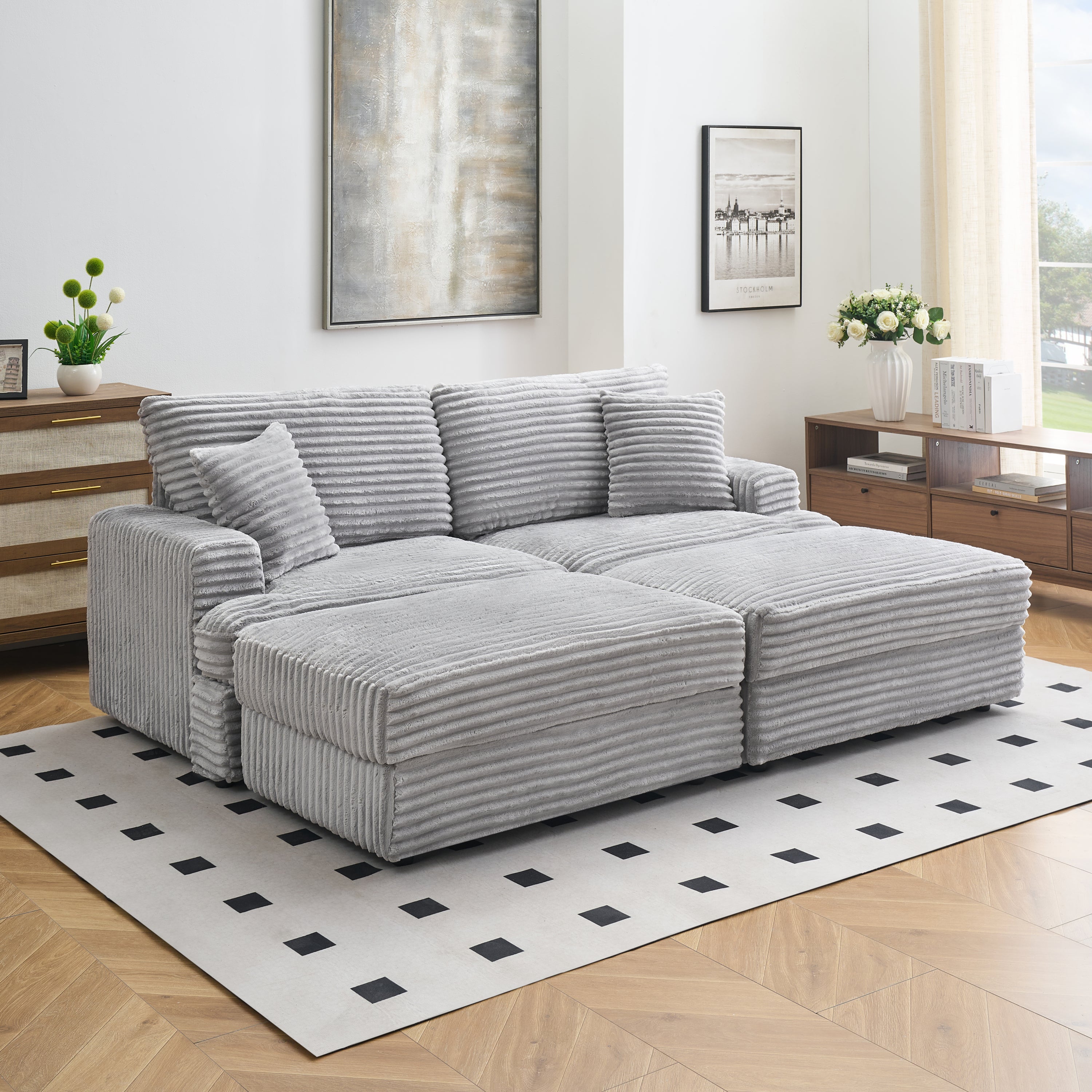 Gray Corduroy Sofa: 82" w/ Storage & Pillows