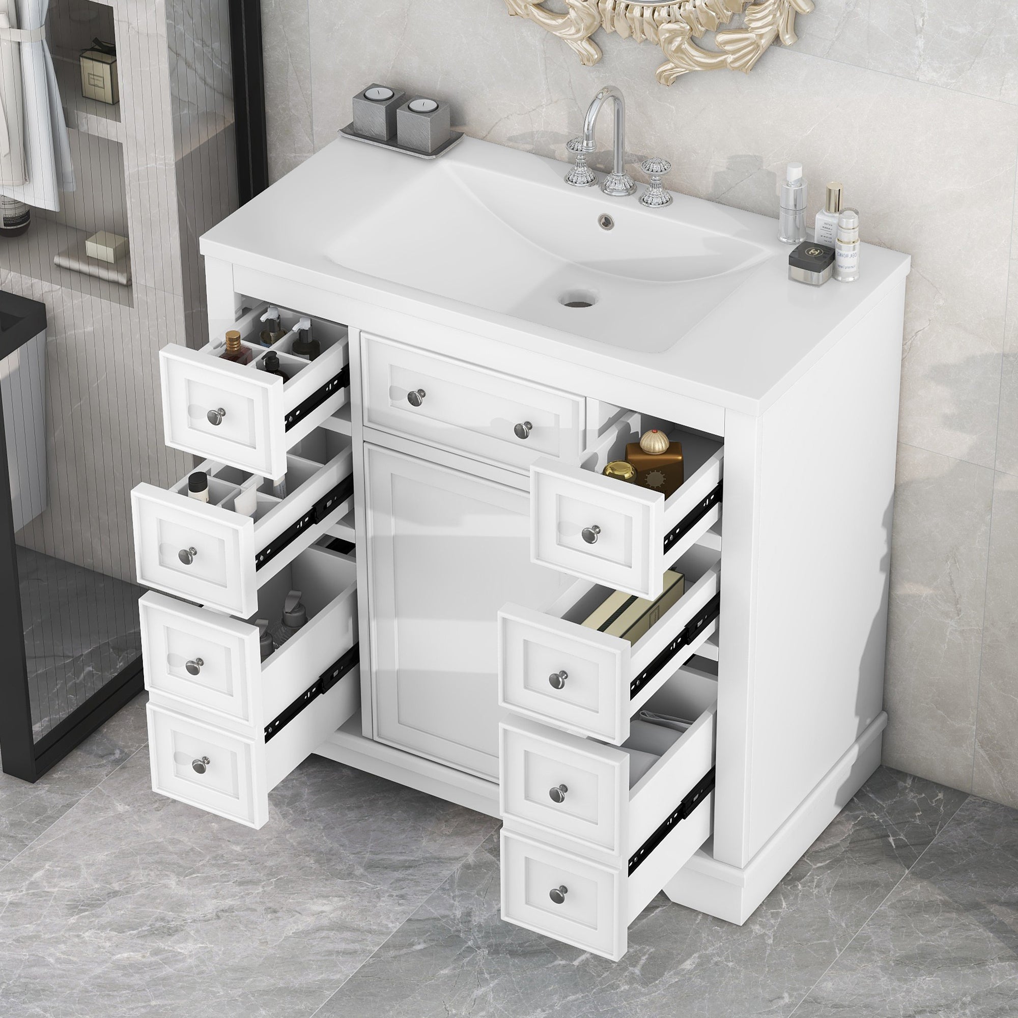 White 36" Bathroom Vanity: 6 Drawers, Solid Wood