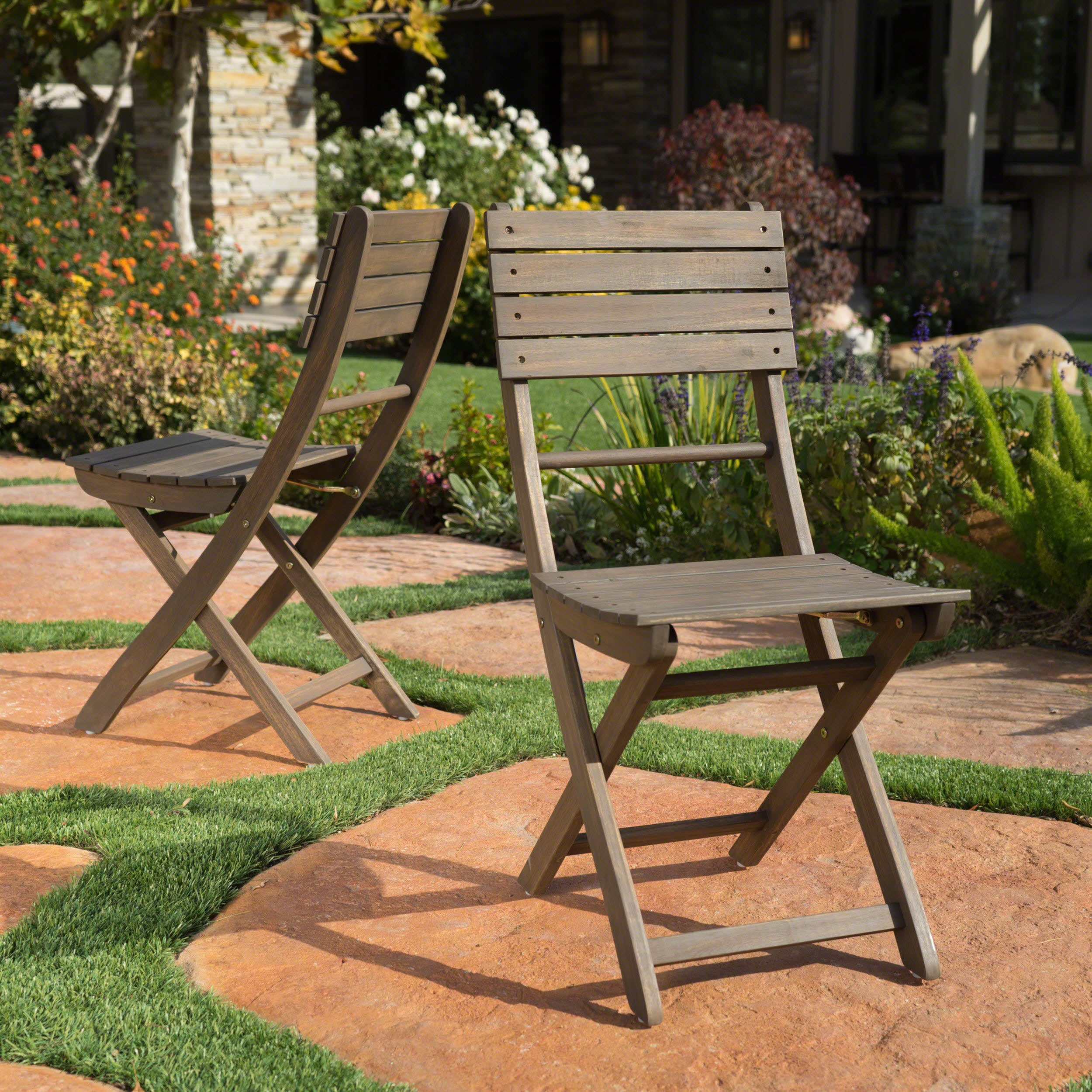 Grey Acacia Wood Folding Chairs (Set of 2)
