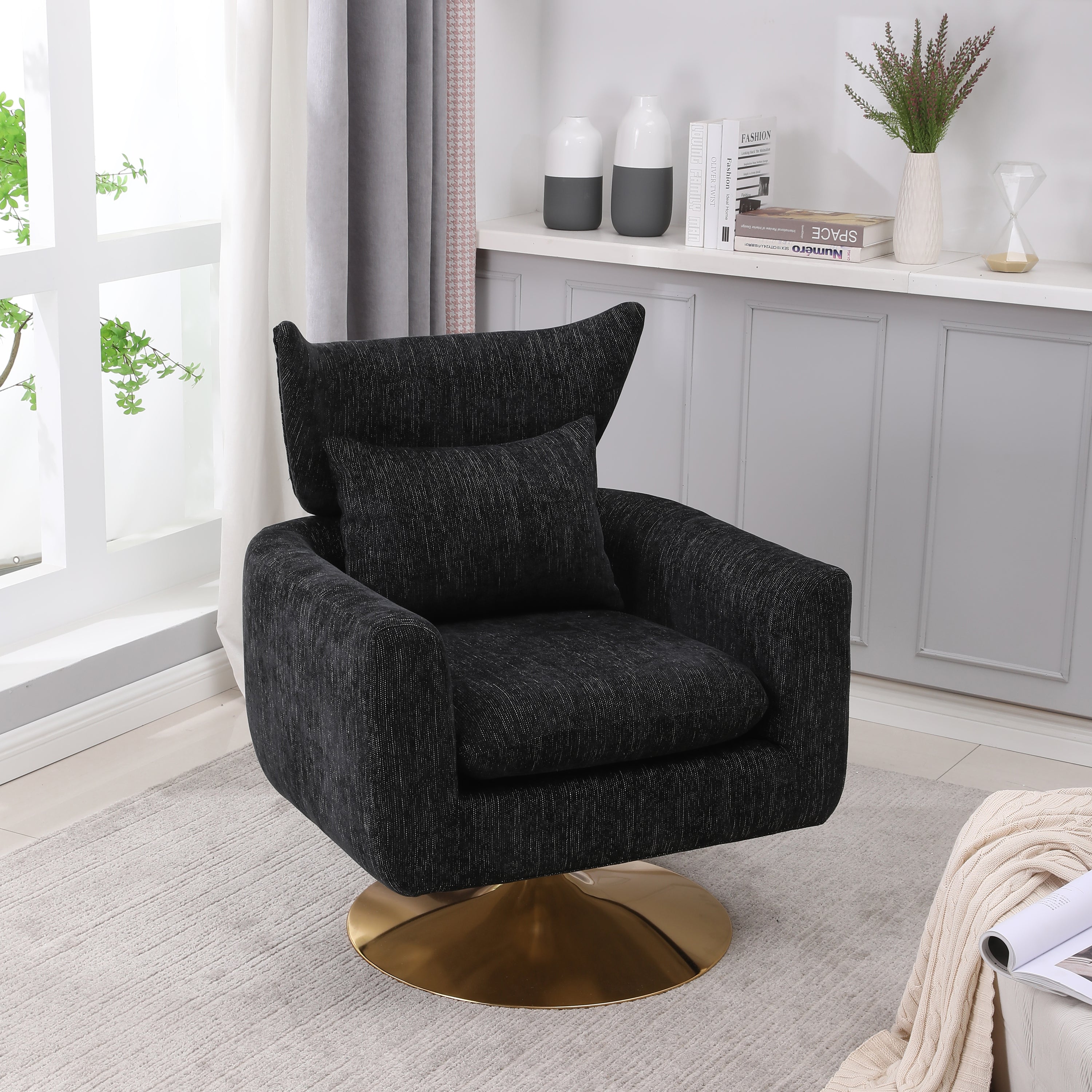 Mid-Century Swivel Accent Chair, Black Linen