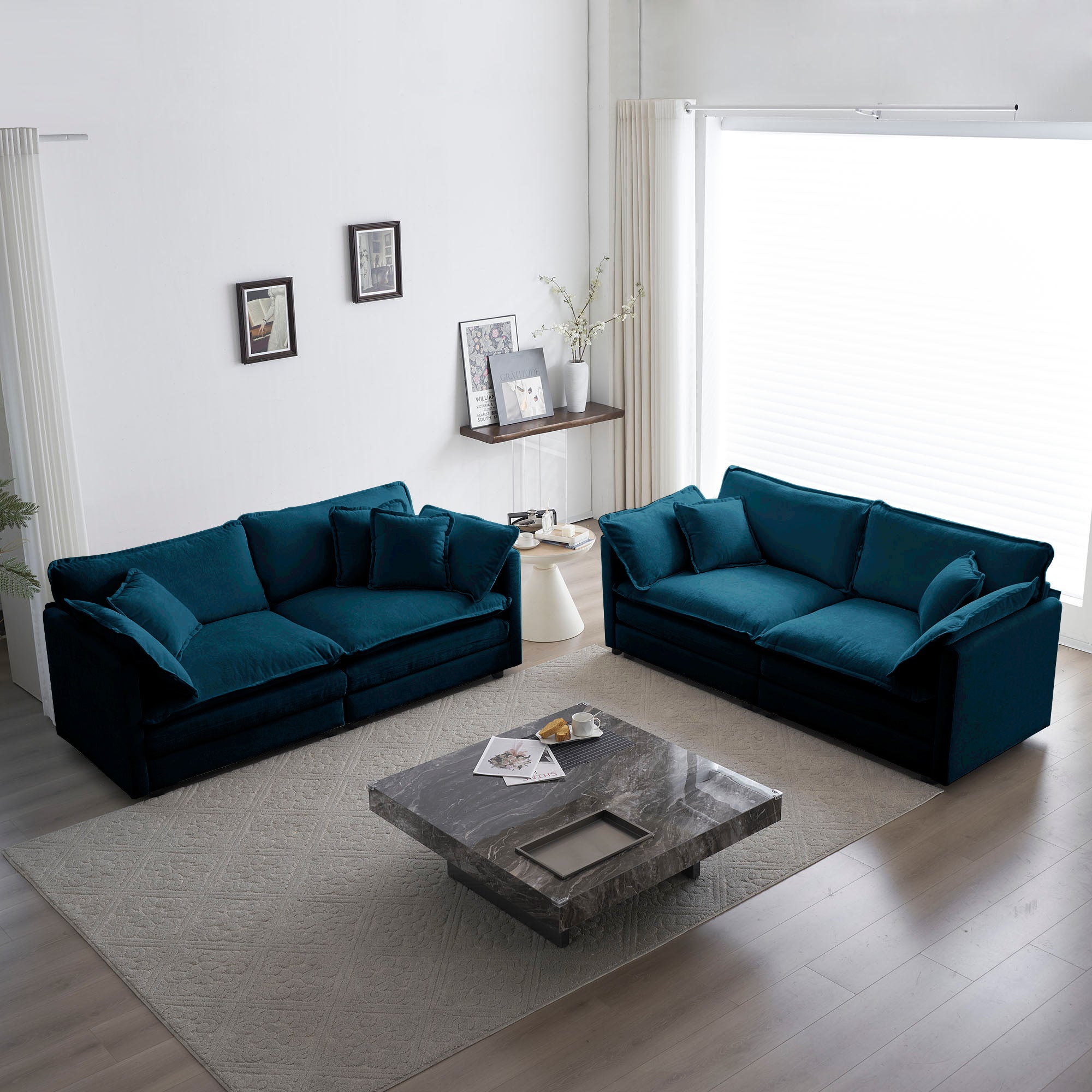 Blue Chenille Sofa Set: 2-Piece Living Room Couch