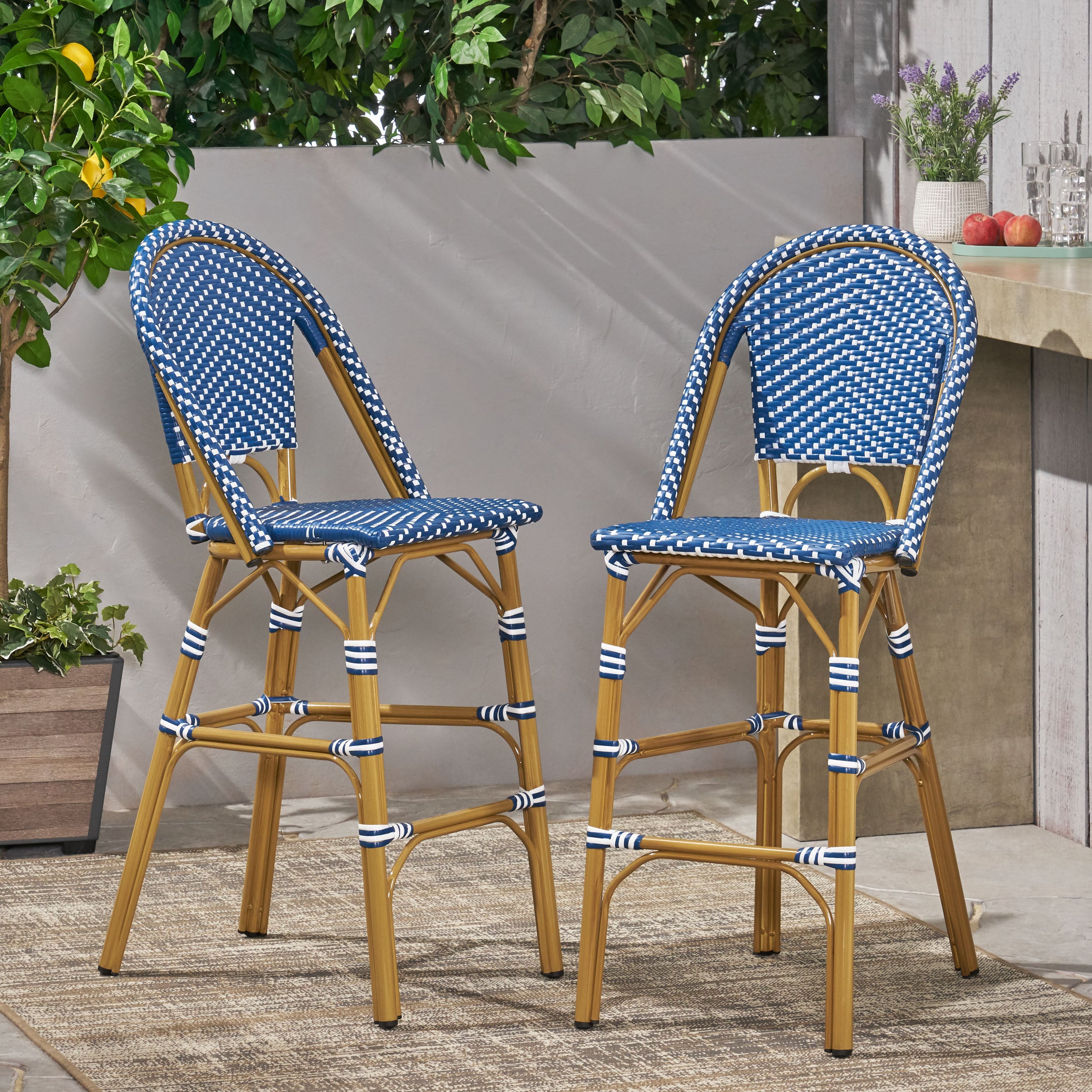 Rattan French Barstools (Set of 2) - Teal & White