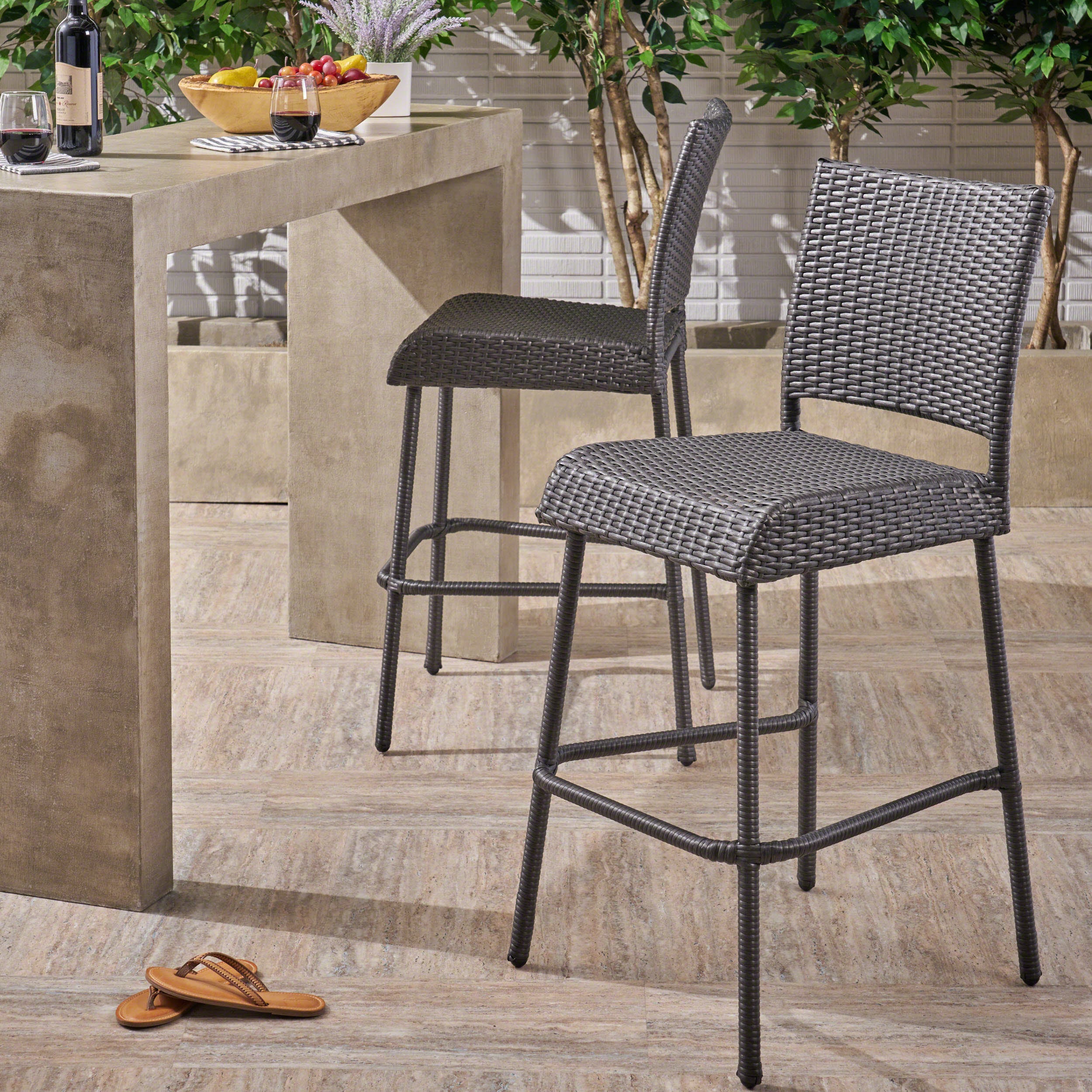 Grey Rattan Bar Stools (Set of 2) - Outdoor
