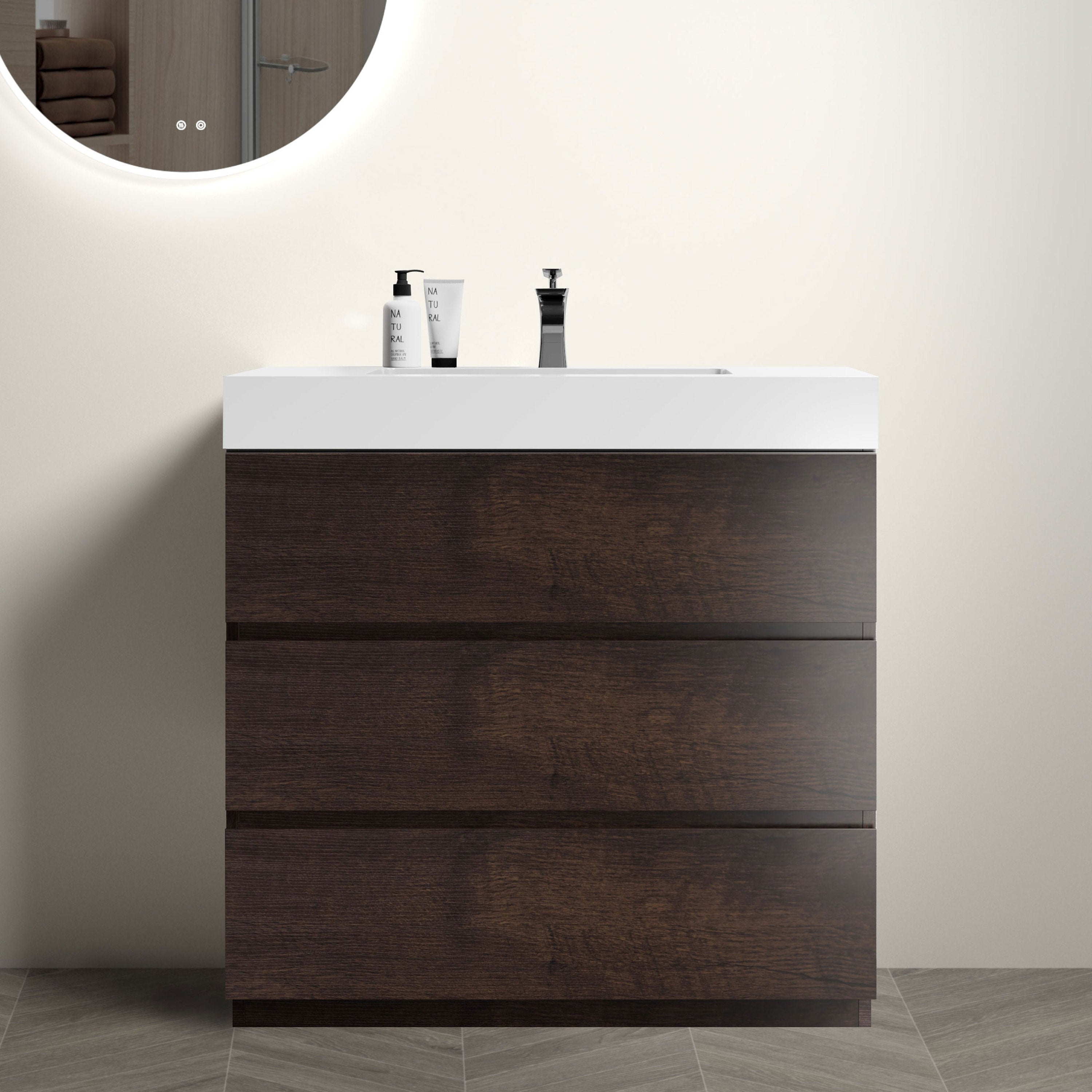 Alice 36" Walnut Vanity: Large Storage, White Sink