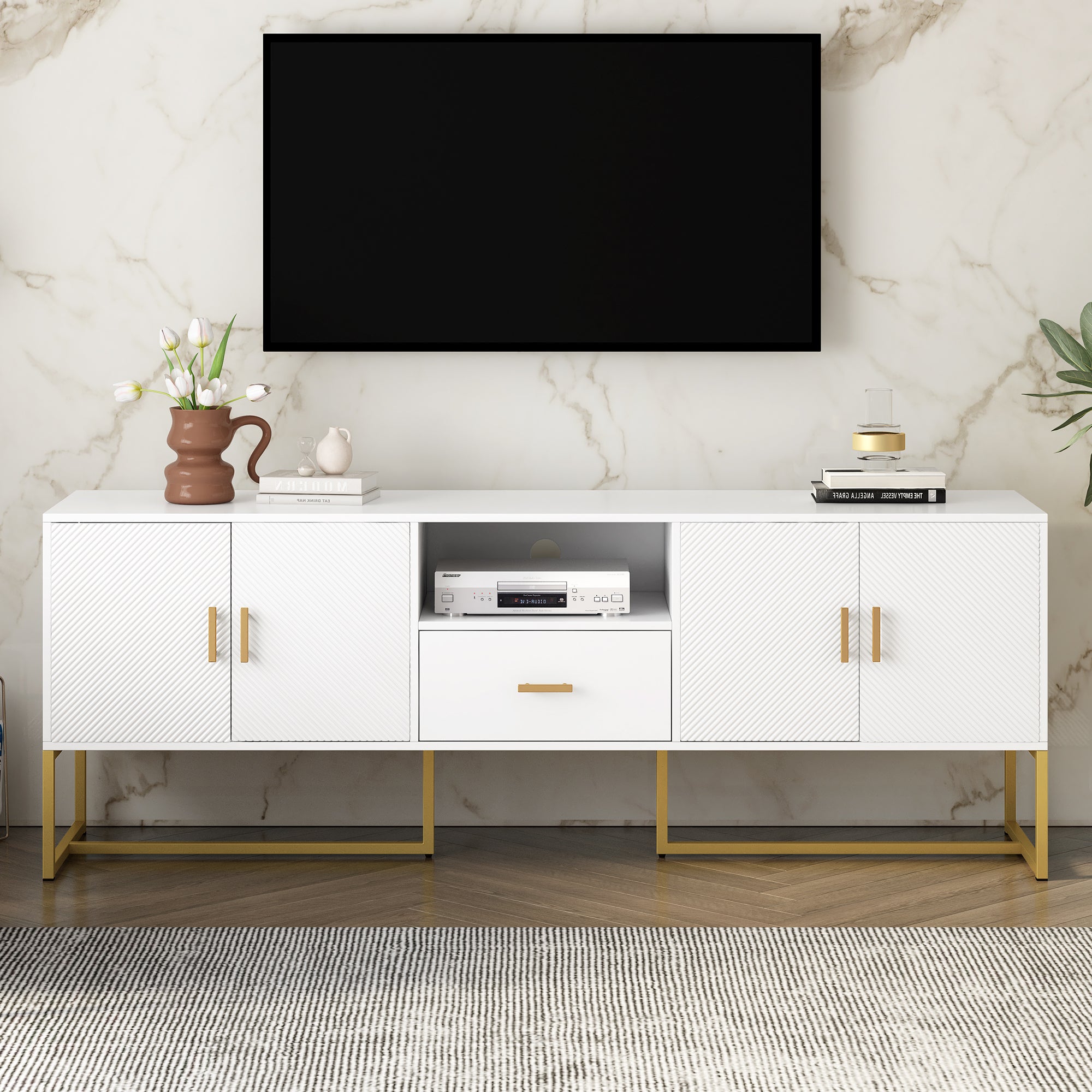 Modern TV Stand for 70" TVs w/ Drawer & Cabinets