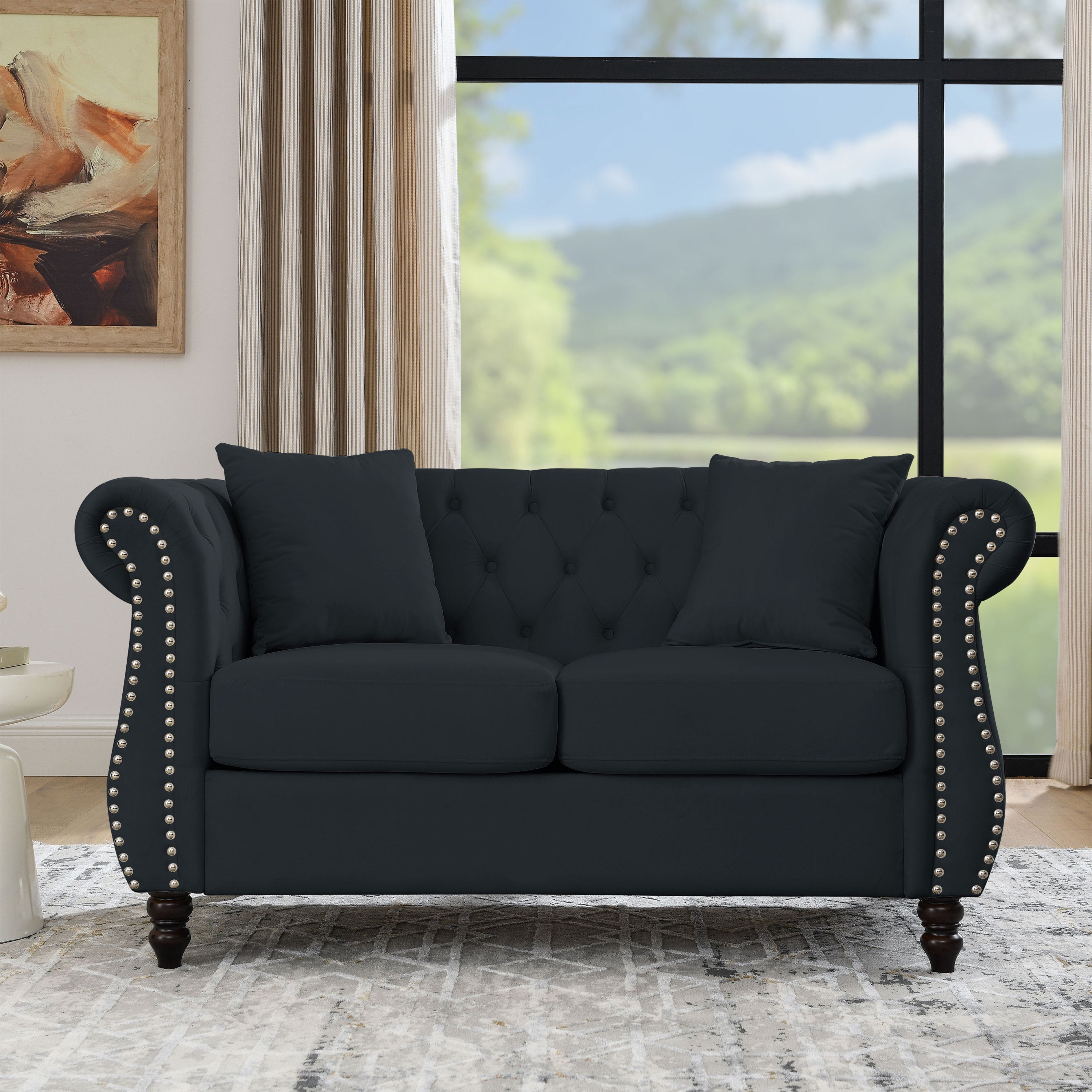 Black Velvet Chesterfield Sofa: 58.8" 2-Seater