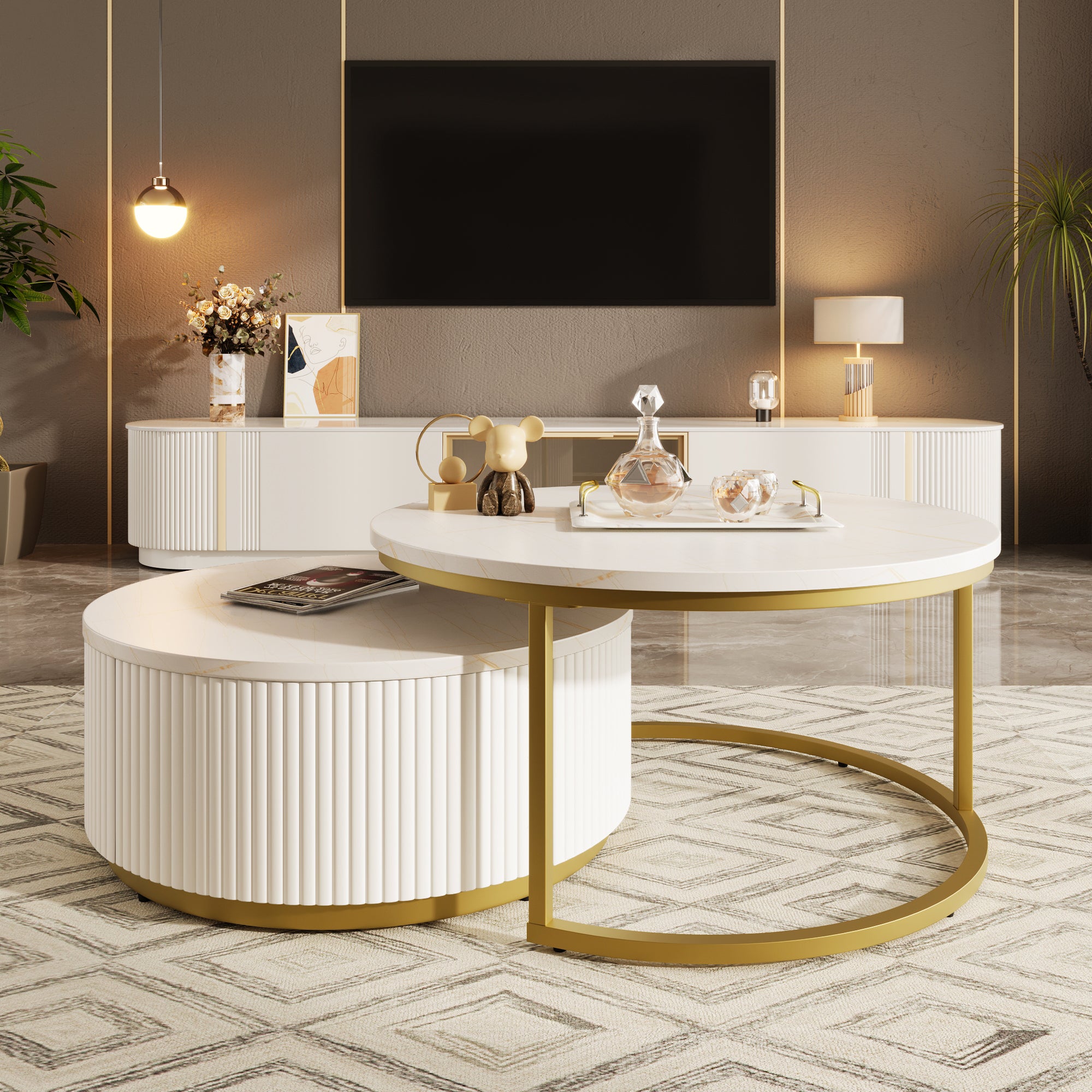 Modern White & Gold Round Nesting Coffee Table