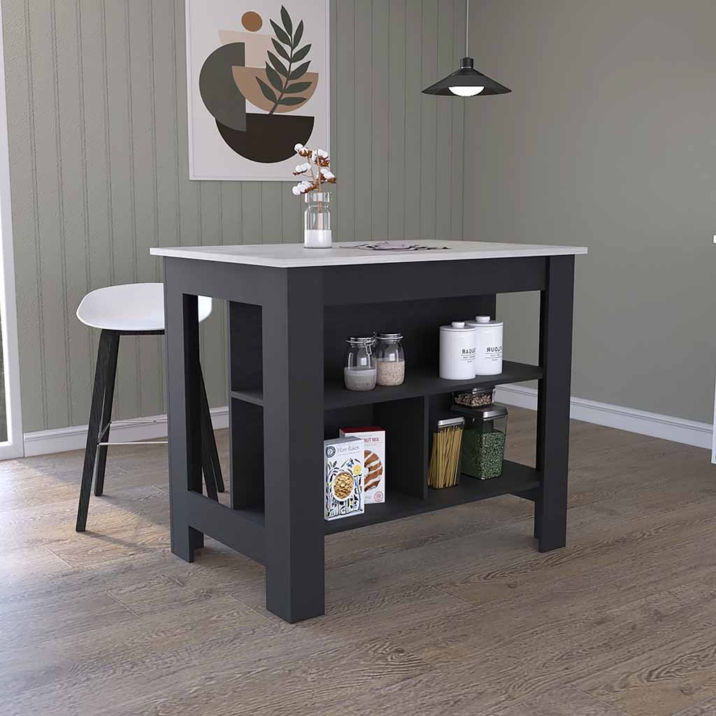 Dozza Kitchen Island, 3 Shelves, Black/Marble