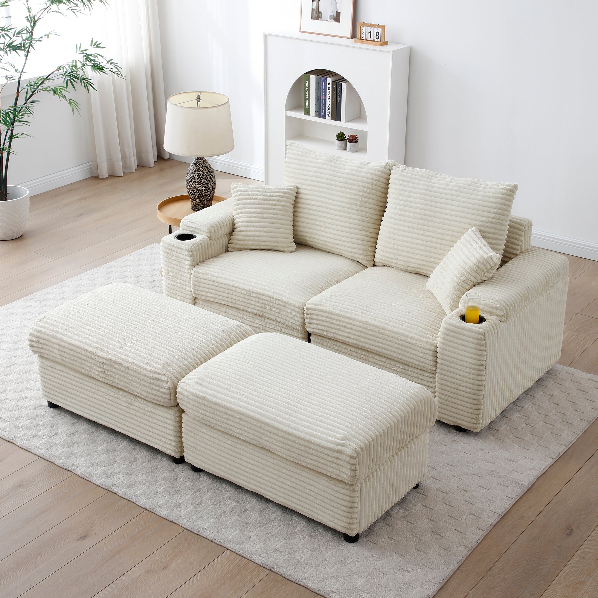 Cream Corduroy Loveseat with Ottomans & Pillows