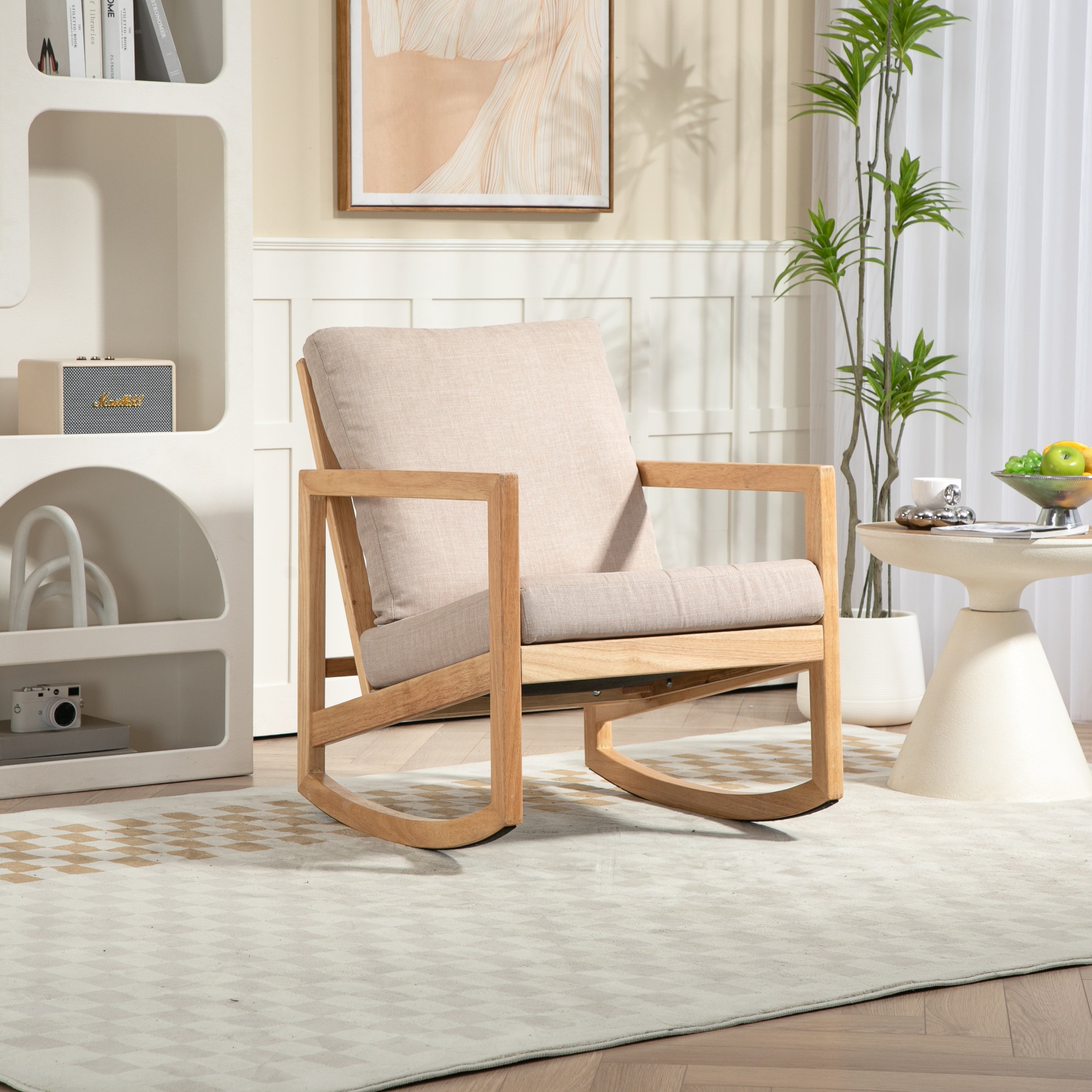 Upholstered Accent Glider Chair, Khaki Fabric, Rubberwood Frame