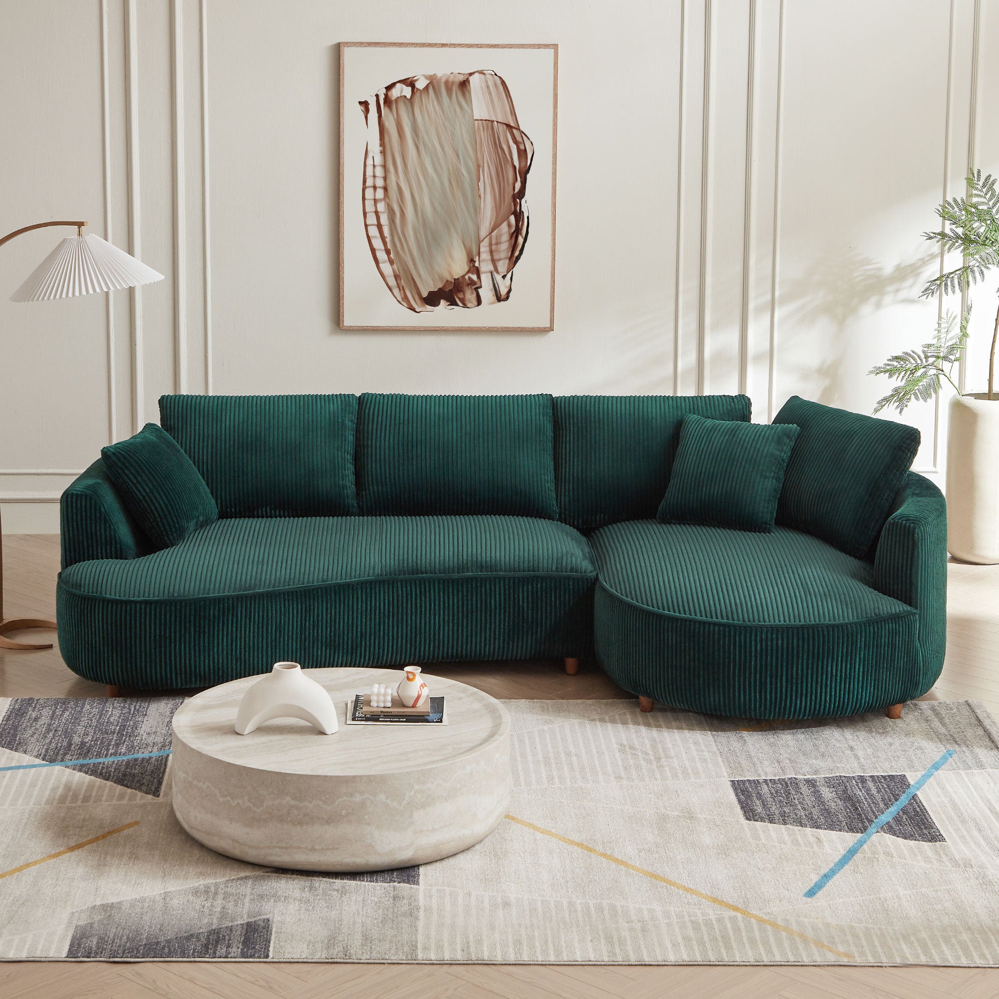Corduroy Sectional Sofa w/ Right Chaise (Green)