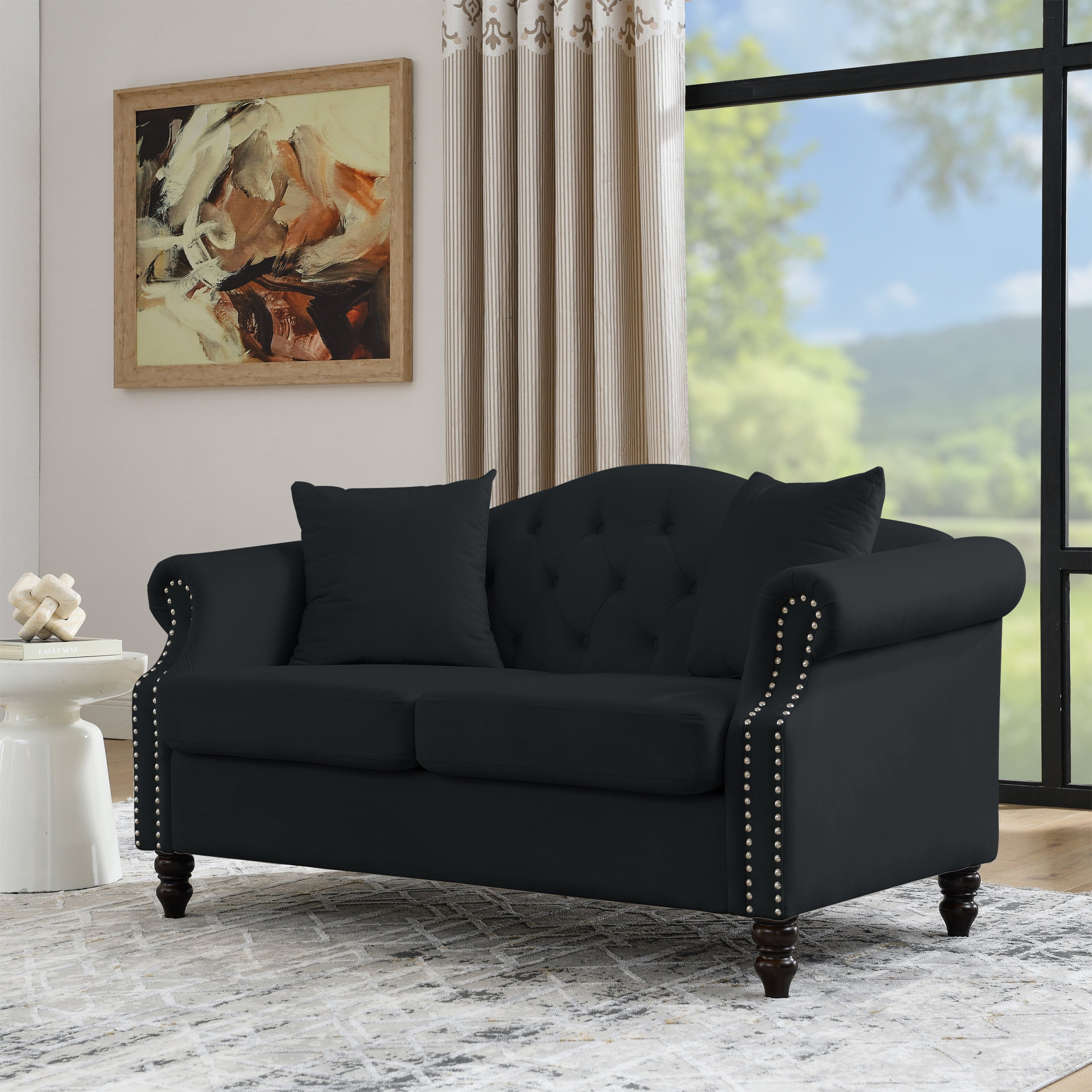 Black Velvet Chesterfield Sofa: 2 Seater Tufted Couch