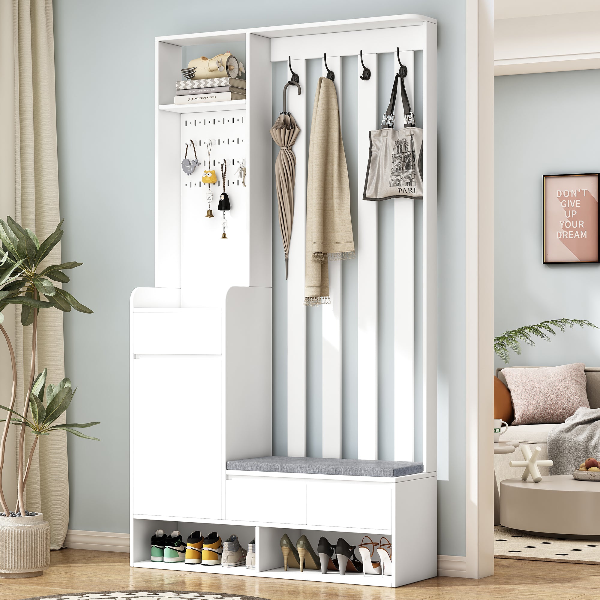 Modern Hall Tree w/ Storage Bench & Coat Rack, White