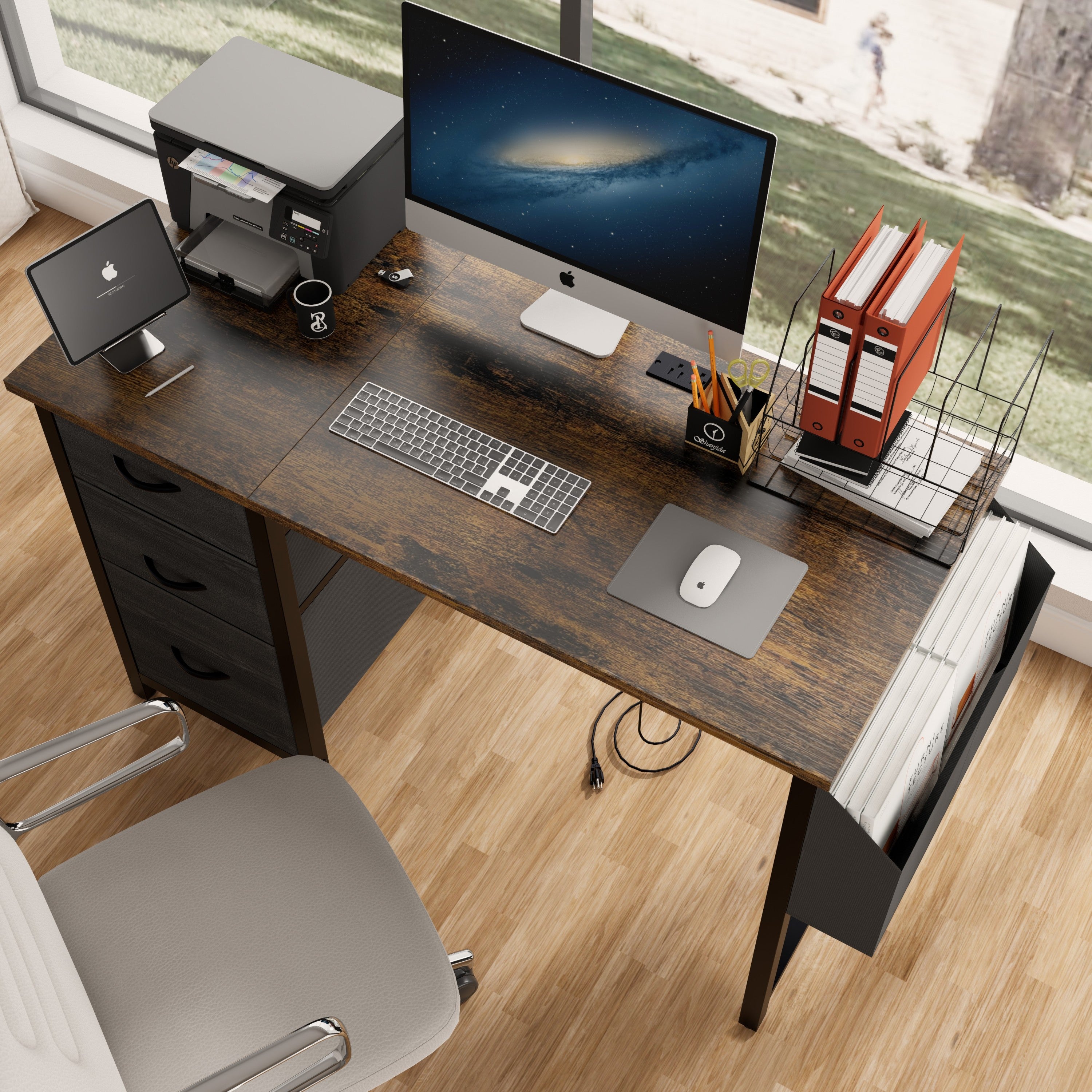 47" Office Desk w/ Power Outlet & Drawers - Rustic Brown