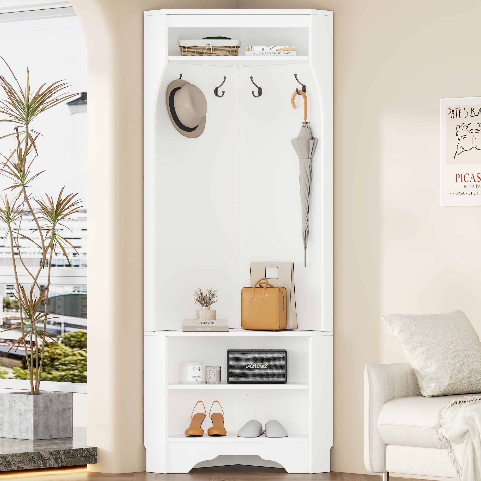 Minimalist Corner Hall Tree w/ Shoe Bench & Storage (White)