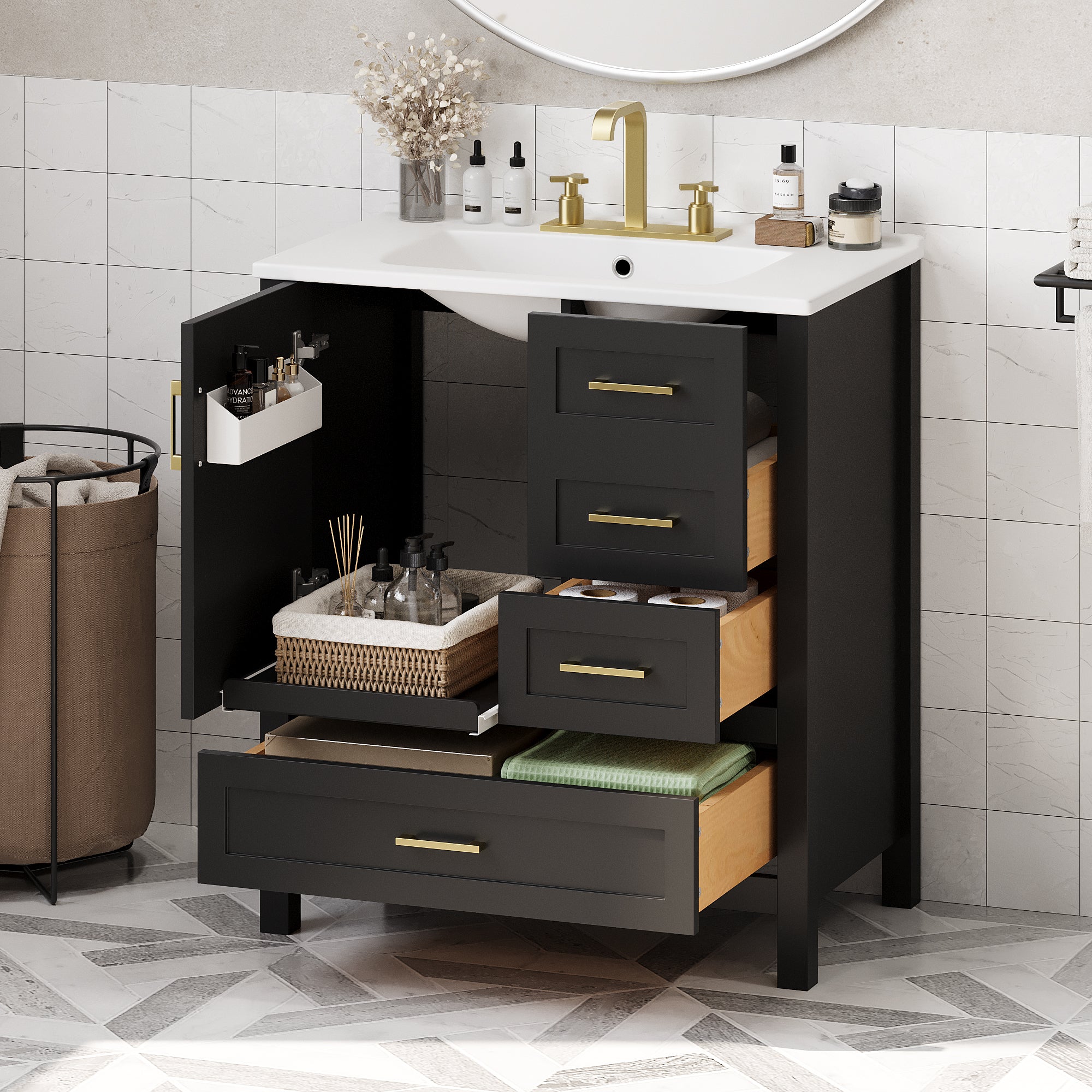 30" Black Vanity Set w/ Sink & Storage